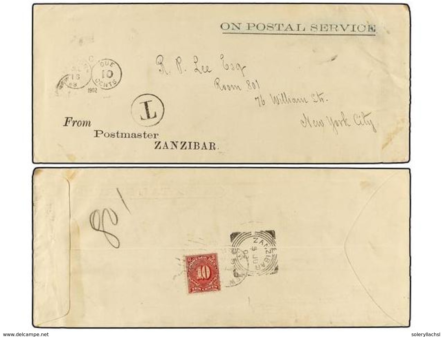 3249 ZANZIBAR. 1902. ZANZIBAR To NEW YORK.<B> </B>Legal Size Cover Sent Unfranked, Taxed On Arrival With US <B>10 Cents. - Sonstige & Ohne Zuordnung