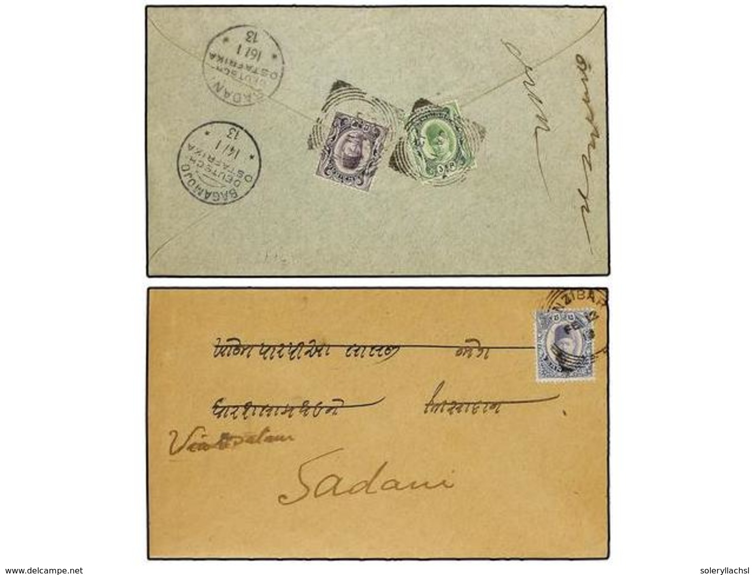 3250 ZANZIBAR. 1913. TWO Covers To SADANI (German South-Africa) With <B>15 Cts.</B> And <B>3+12 Cts.</B> Frankings. - Sonstige & Ohne Zuordnung