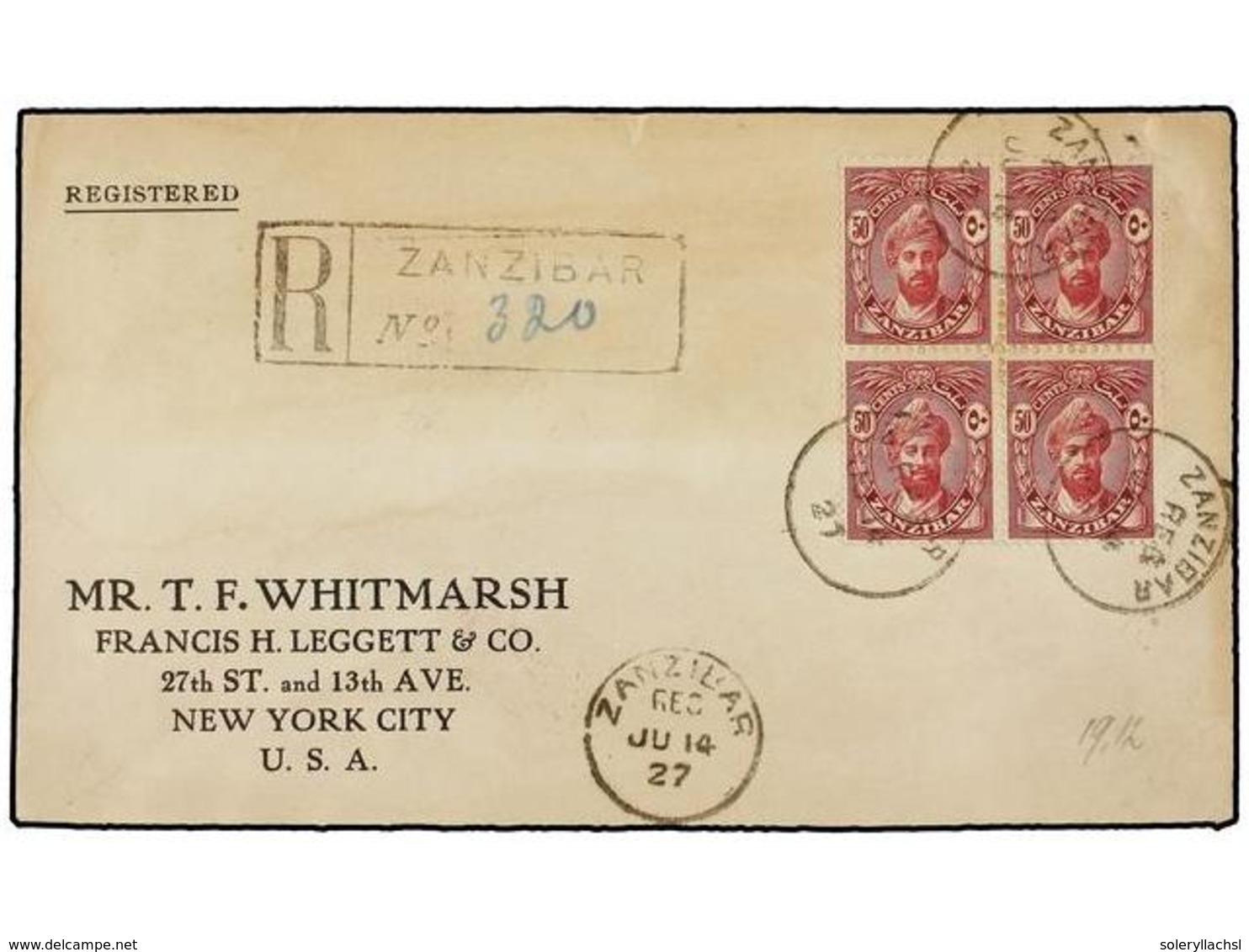 3253 ZANZIBAR. Sg.308 (4). 1927. ZANZIBAR To NEW YORK. <B>50 Cts.</B> Claret, Block Of Four, Arrival Cds On Reverse. - Sonstige & Ohne Zuordnung