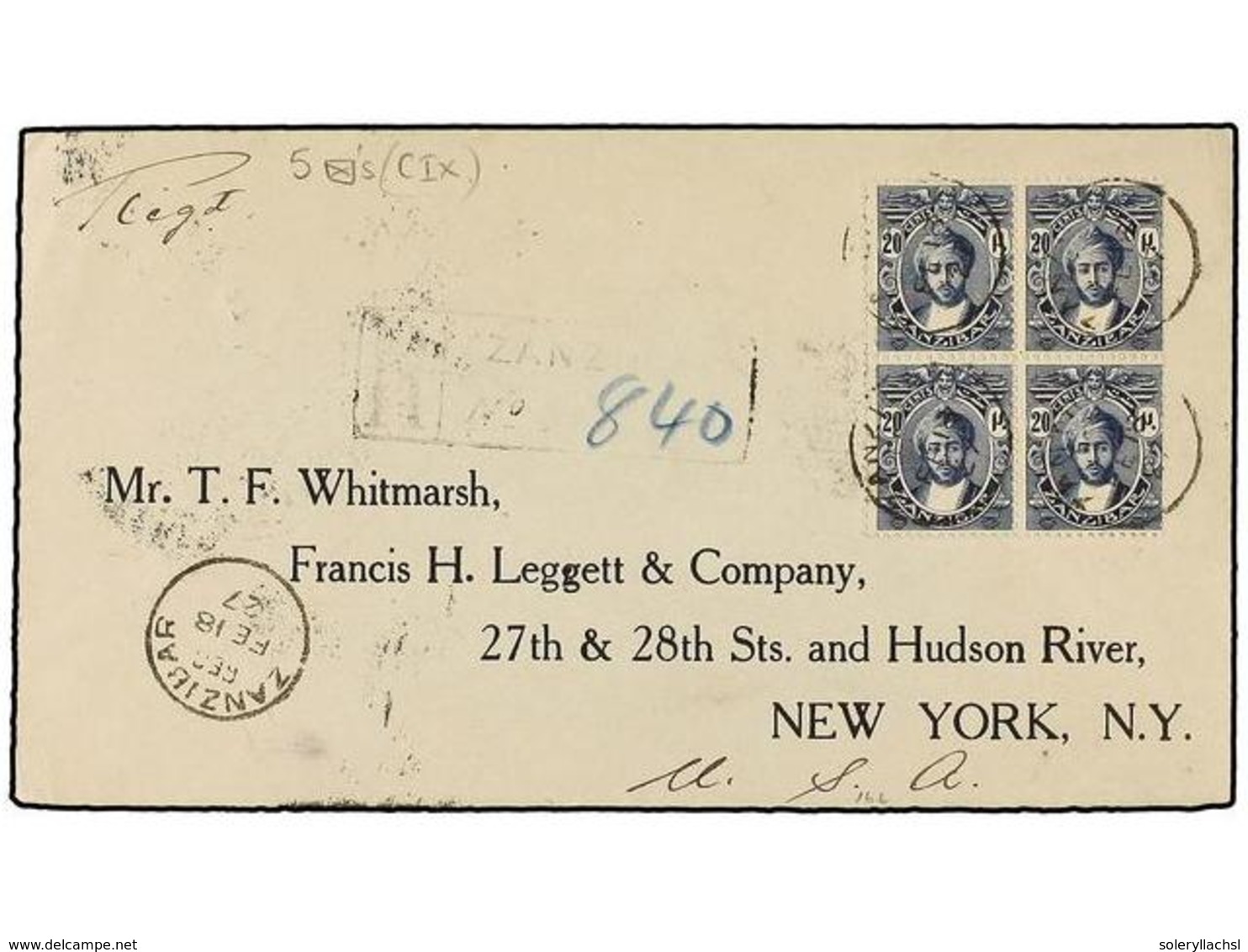 3254 ZANZIBAR. Sg.306 (4). 1927. ZANZIBAR To NEW YORK. <B>20 Cts.</B> Blue, Block Of Four, Arrival Cds On Reverse. - Other & Unclassified