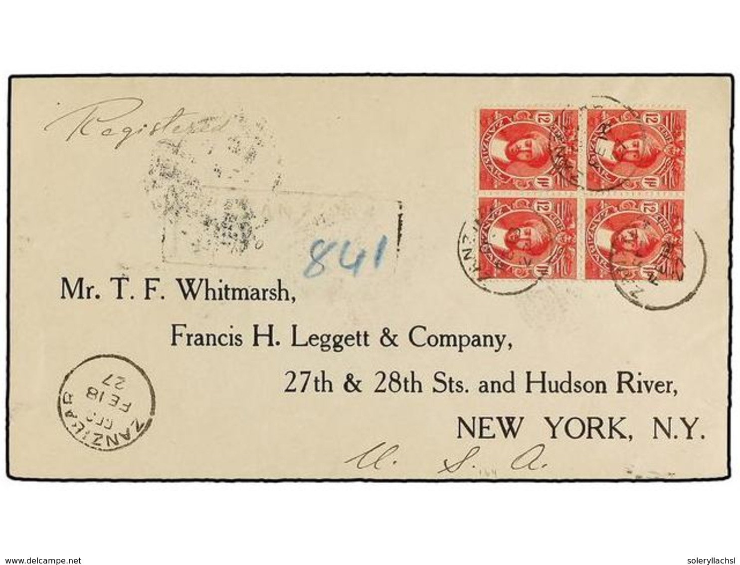 3255 ZANZIBAR. Sg.306 (4). 1927. ZANZIBAR To NEW YORK. <B>12 Cents.</B> Red Block Of Four, Arrival Cds On Reverse. - Other & Unclassified