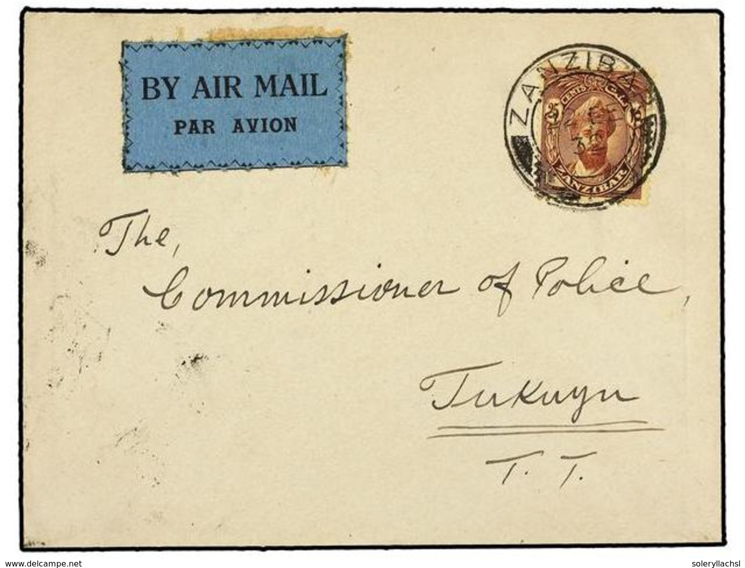 3259 ZANZIBAR. 1932 (22 December). ZANZIBAR To TUKUYU (Tanganika).<B> 25 Cts.</B> Brown On Yellow, <B>AIR MAIL</B> Cover - Sonstige & Ohne Zuordnung