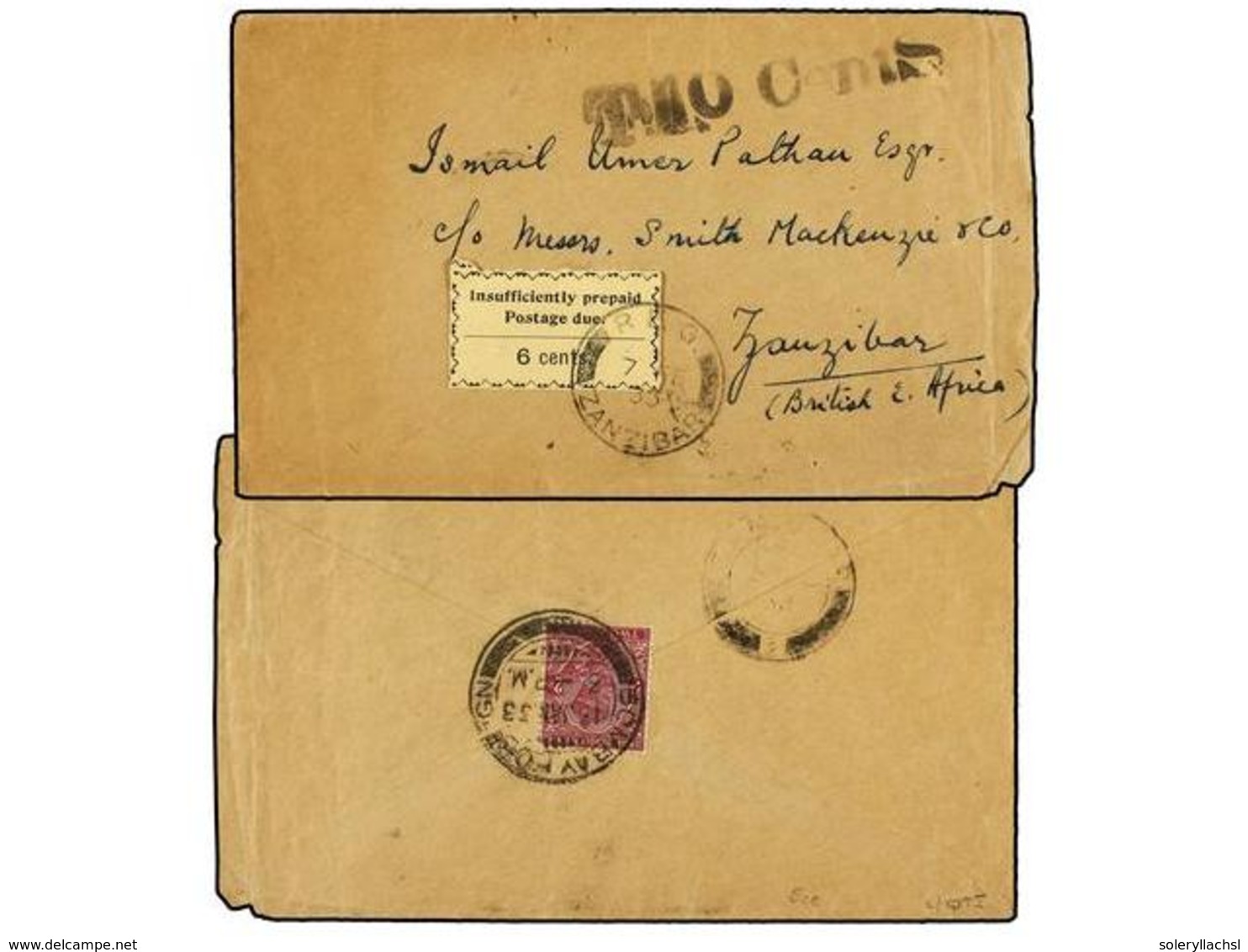 3260 ZANZIBAR. Sg.D21. 1933. Underpaid Cover From INDIA Franked On Reverse With <B>2a.</B> Purple Tied By <B>BOMBAY FORE - Sonstige & Ohne Zuordnung