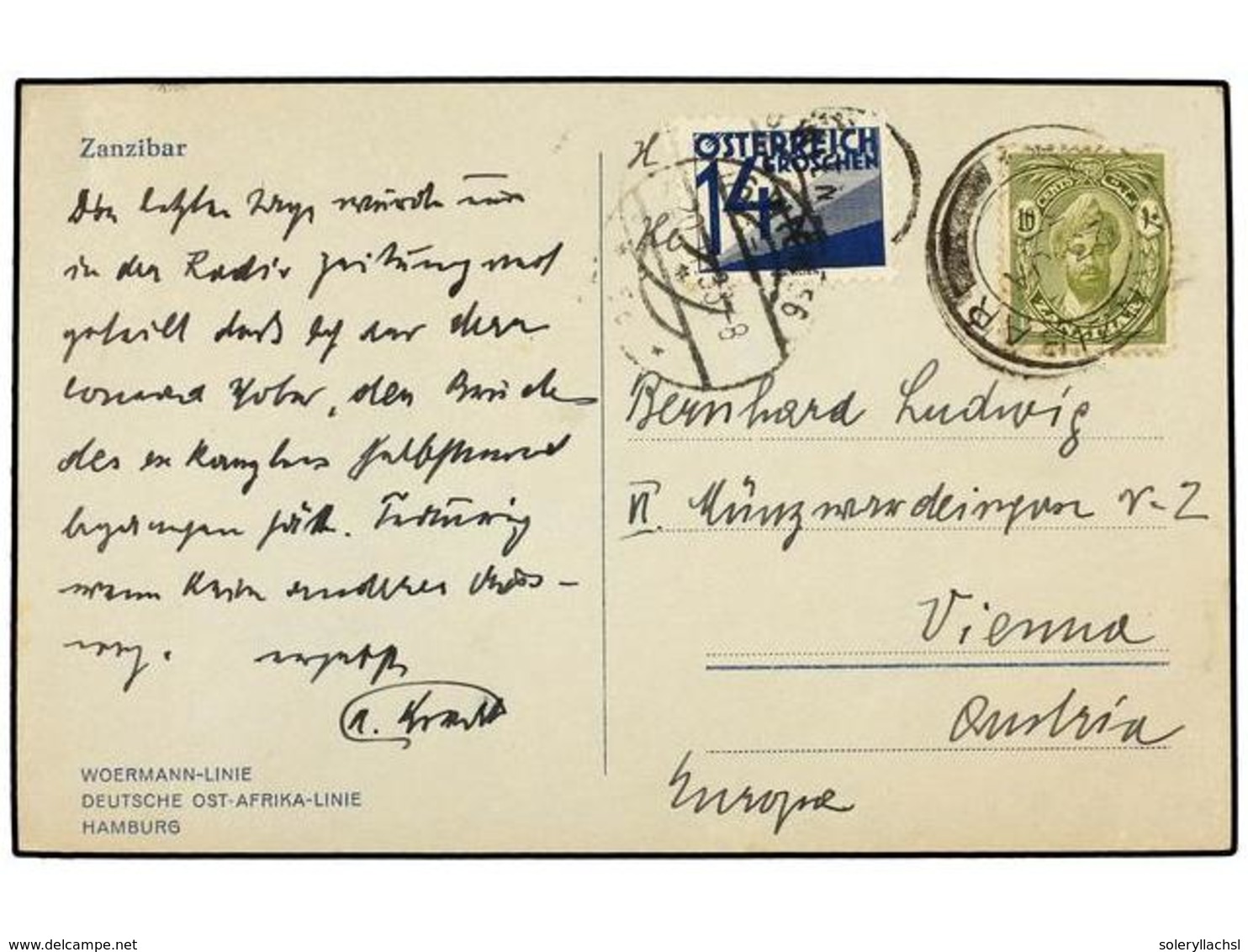 3261 ZANZIBAR. 1933. ZANZIBAR To VIENA (Austria). Postcard Franked With <B>10 Cts.</B> Taxed On Arrival With Austria <B> - Other & Unclassified