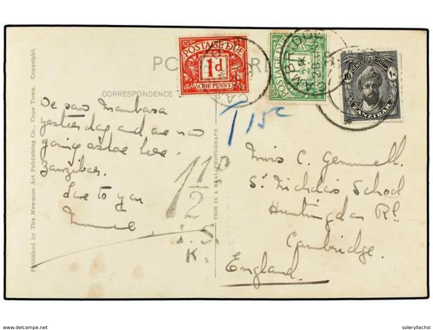 3262 ZANZIBAR. 1939. ZANZIBAR To ENGLAND. Postcard Franked With <B>10 Cts.</B> Black, Taxed On Arrival With British <B>1 - Other & Unclassified