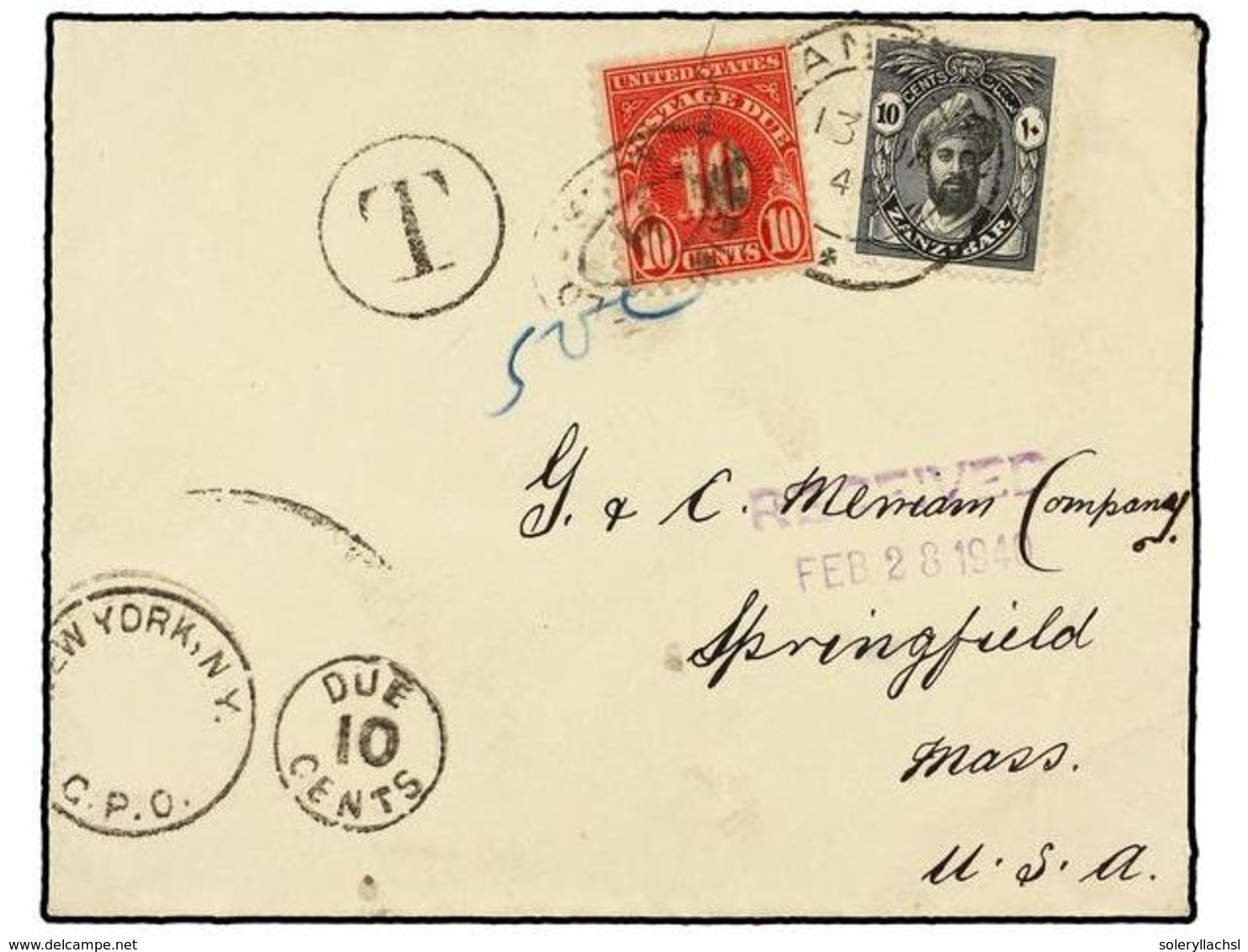 3263 ZANZIBAR. 1940. ZANZIBAR To USA. <B>10 Cents.</B> Black Taxed On Arrival With US,<B> 10 Ctvos.</B> Stamp. - Sonstige & Ohne Zuordnung