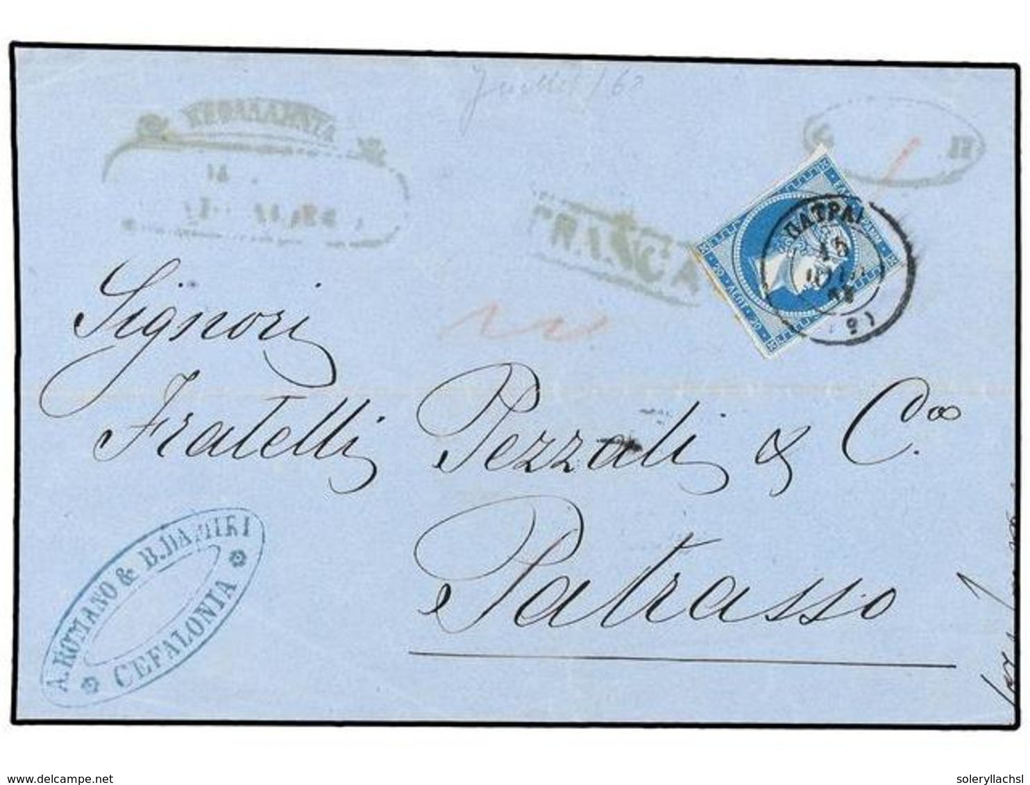 3310 GRECIA. 1863. Cover From CEFALONIA To PATRAS With Oval Hooded <B>CEFALONIA</B> Despatch, Framed <B>FRANCA</B> And O - Other & Unclassified