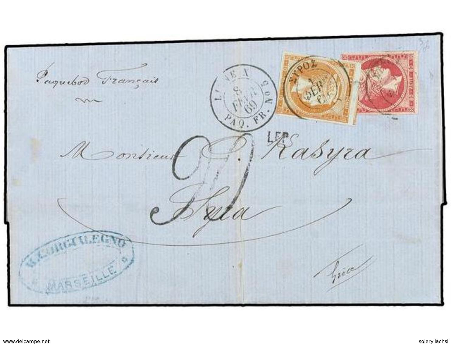 3314 GRECIA. 1869 (Feb 8). Cover From MARSEILLE To SYROS (Greece) Sent Stampless On French Paquebot With Good Strike Of  - Sonstige & Ohne Zuordnung