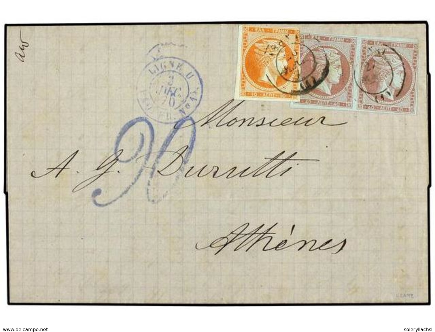 3315 GRECIA. Sg.26+28. 1870 (Dec 3). Entire Letter From MARSEILLE To ATHENS, Mailed With Circular <B>LIGNE U-PAQ. FR. No - Other & Unclassified