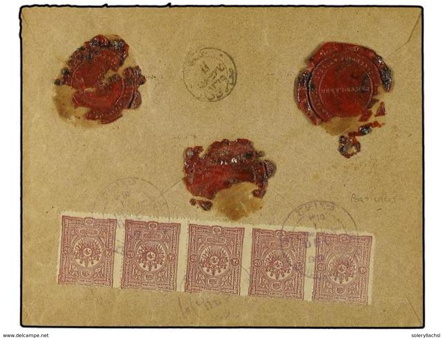 3332 GRECIA. 1899. Registered Envelope To CONSTANTINOPLE Bearing Turkey <B>20 Para</B> Lilac (strip Of 5) (Yvert 84) Tie - Sonstige & Ohne Zuordnung