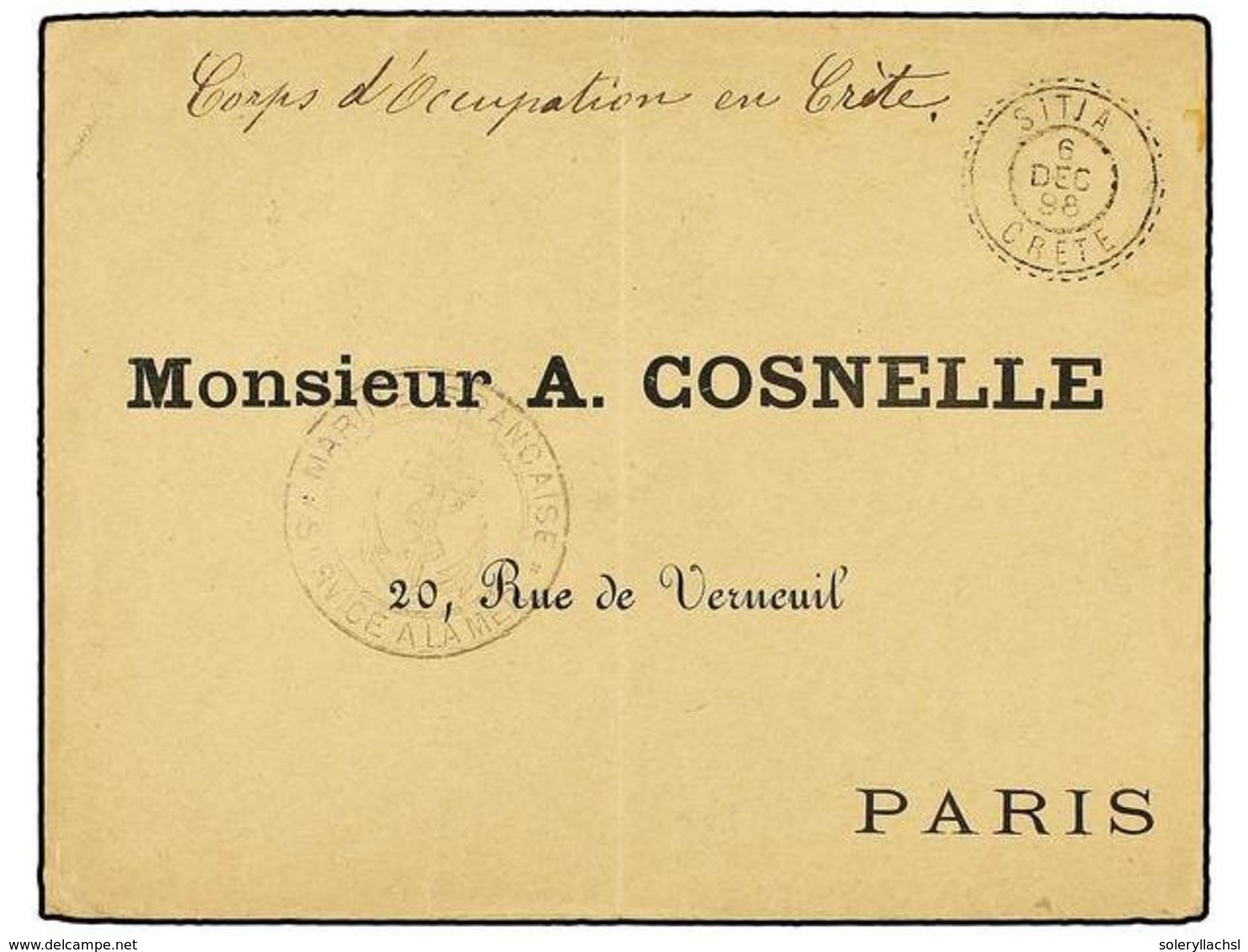 3342 CRETA: CORREO FRANCES. 1898 (Dec 6). Cover Endorsed 'Corps D'Occupation En Crete', Sent Stampless To PARIS And Canc - Other & Unclassified