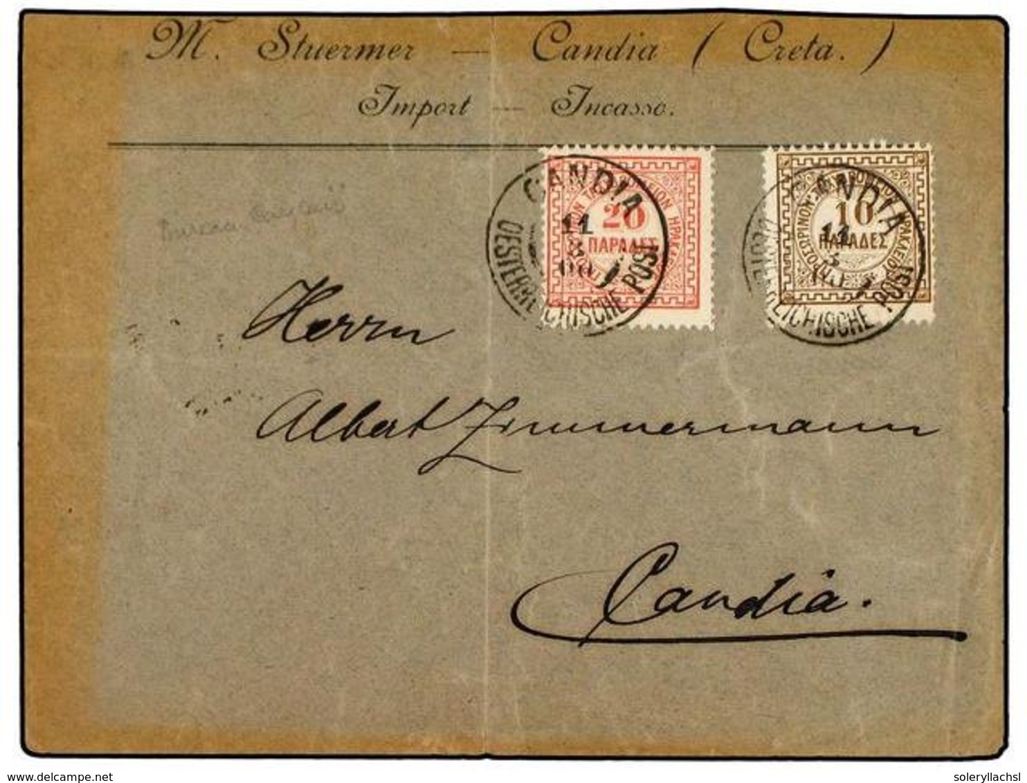 3344 CRETA. 1900. Cover To CANDIA Franked By 1899 <B>10 Pa.</B> Brown And <B>20 Pa.</B> Rose Tied By <B>CANDIA</B> Austr - Other & Unclassified