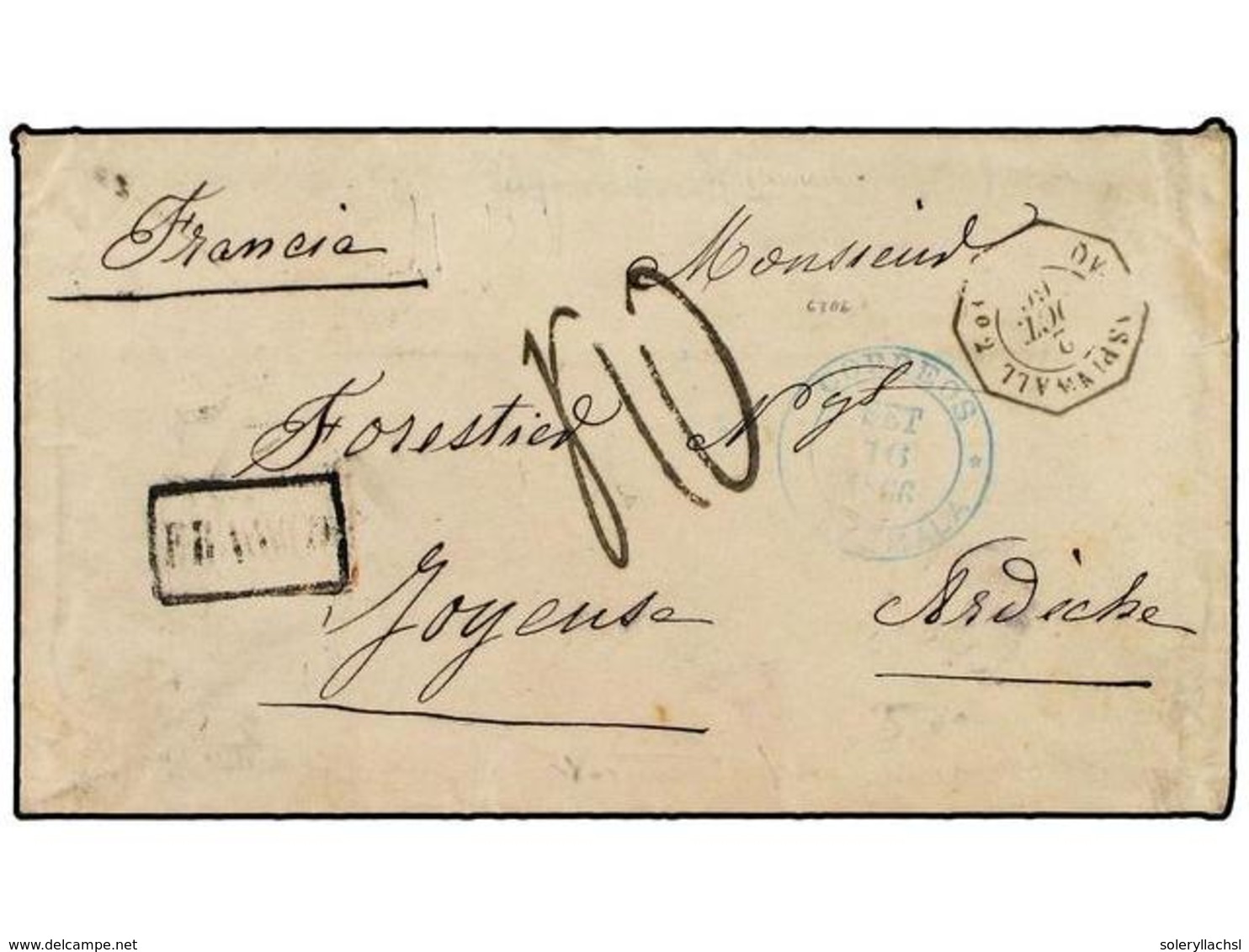 3366 GUATEMALA. 1866 (Sept 16). Cover To FRANCE With Blue <B>CORREOS-GUATEMALA</B> Cds Of Despatch And Framed <B>FRANCO< - Sonstige & Ohne Zuordnung
