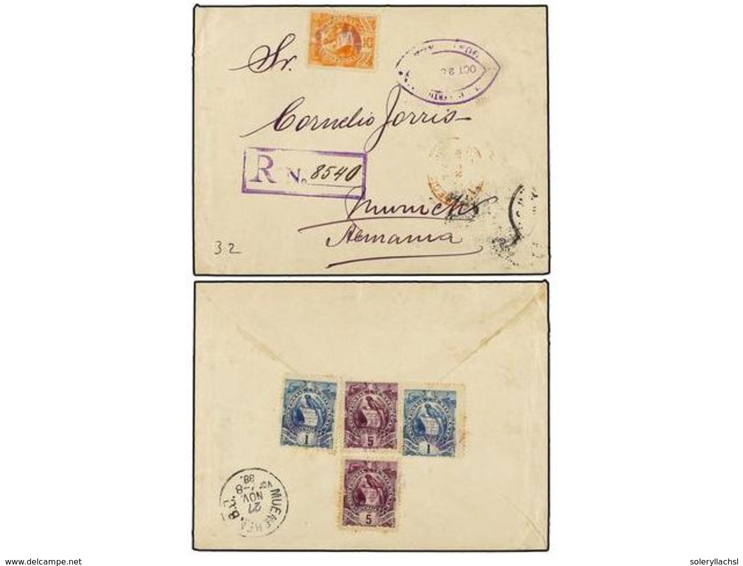 3368 GUATEMALA. Sc.43 (2), 45 (2), 50. 1888. GUATEMALA A ALEMANIA. <B>1 Ctvo.</B> (2), <B>5 Ctvos.</B> (2) Y <B>25</B> < - Sonstige & Ohne Zuordnung