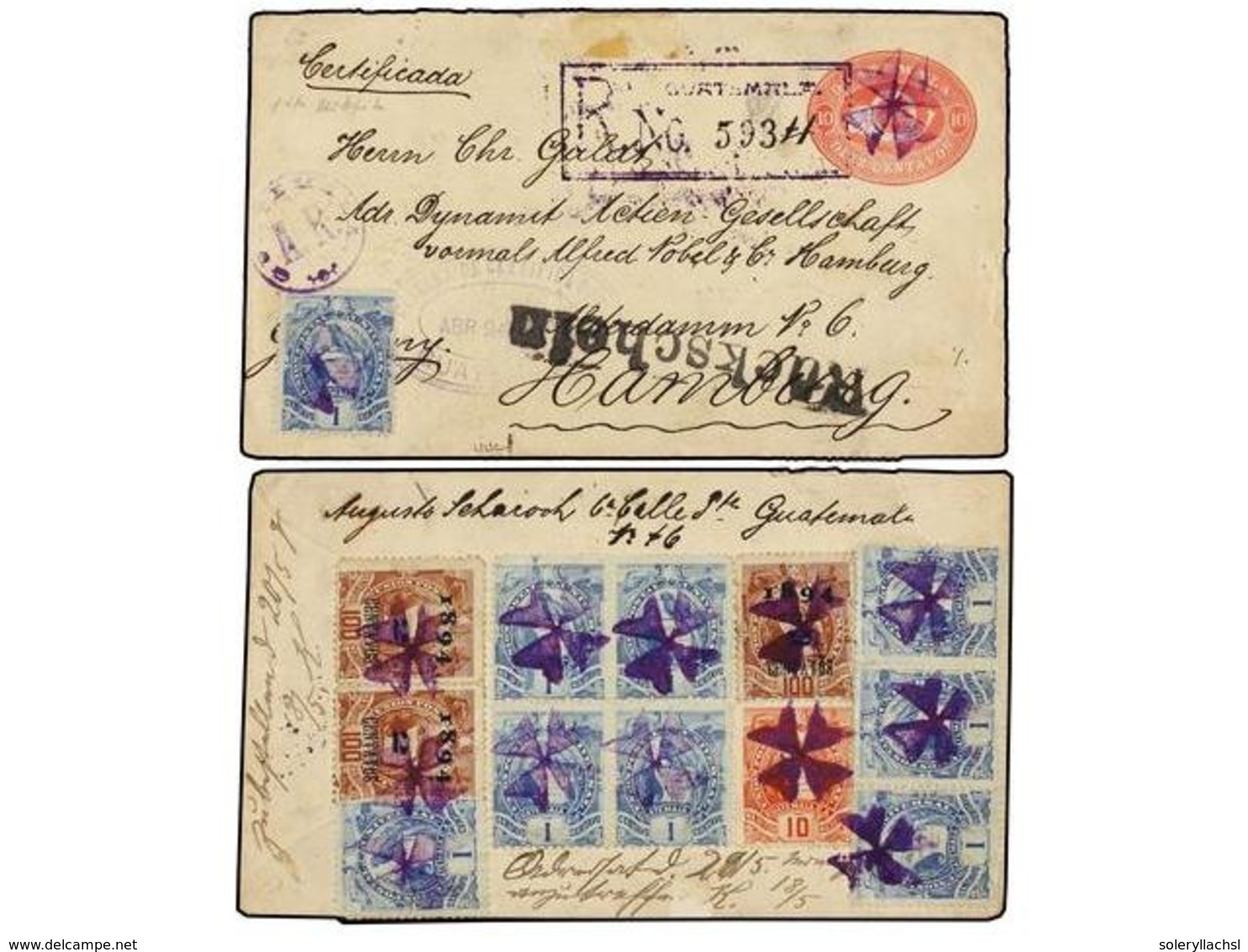 3372 GUATEMALA. 1894. <B>10c.</B> Postal Stationery Envelope Uprated <B>25c.</B> (13 Values) Cancelled Violet <B>'Maltes - Sonstige & Ohne Zuordnung
