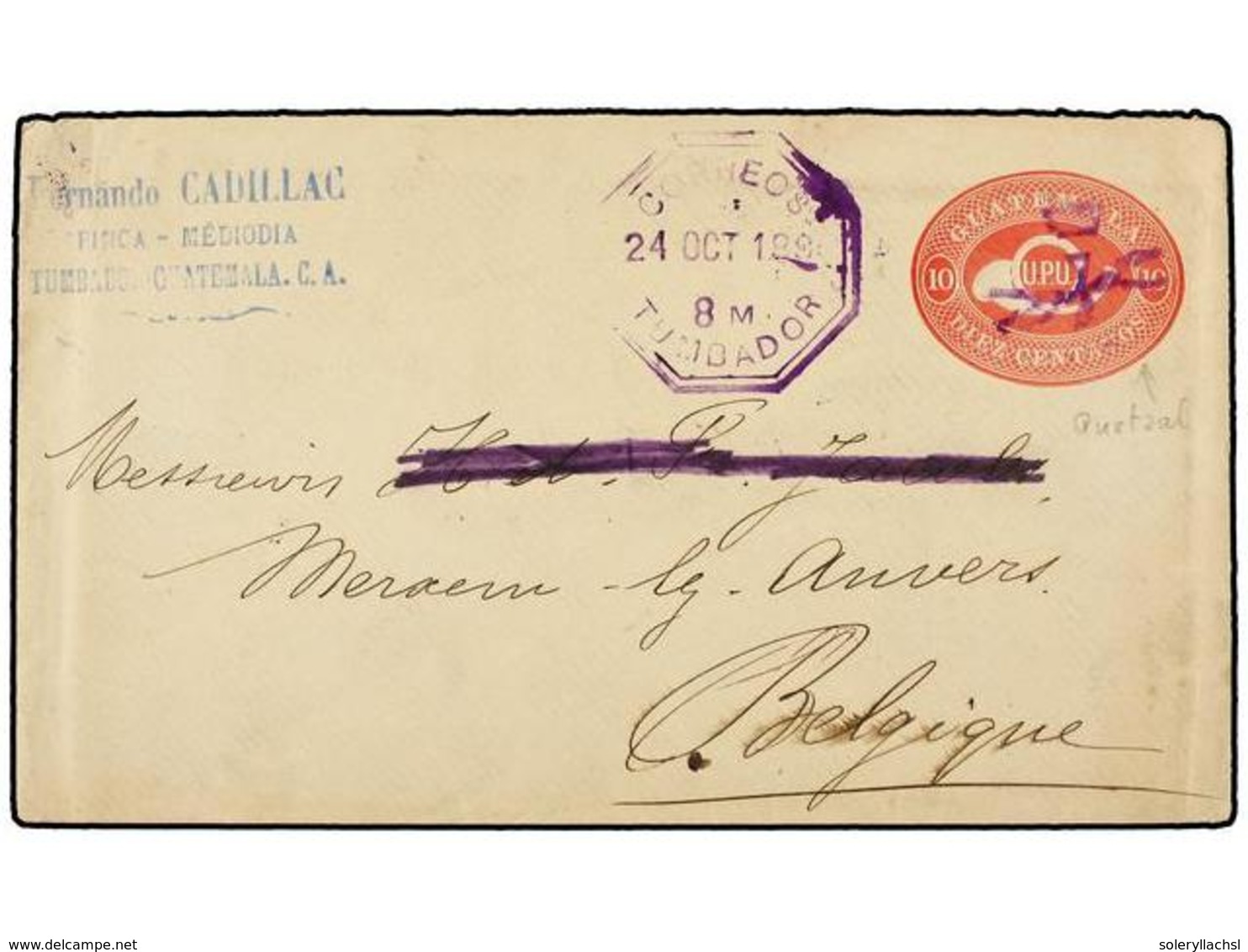 3374 GUATEMALA. 1895. TUMBADOR A BÉLGICA. Entero Postal De <B>10 Ctvos.</B> Rosa, Con Matasello De Fantasía 'pájaro Quet - Sonstige & Ohne Zuordnung