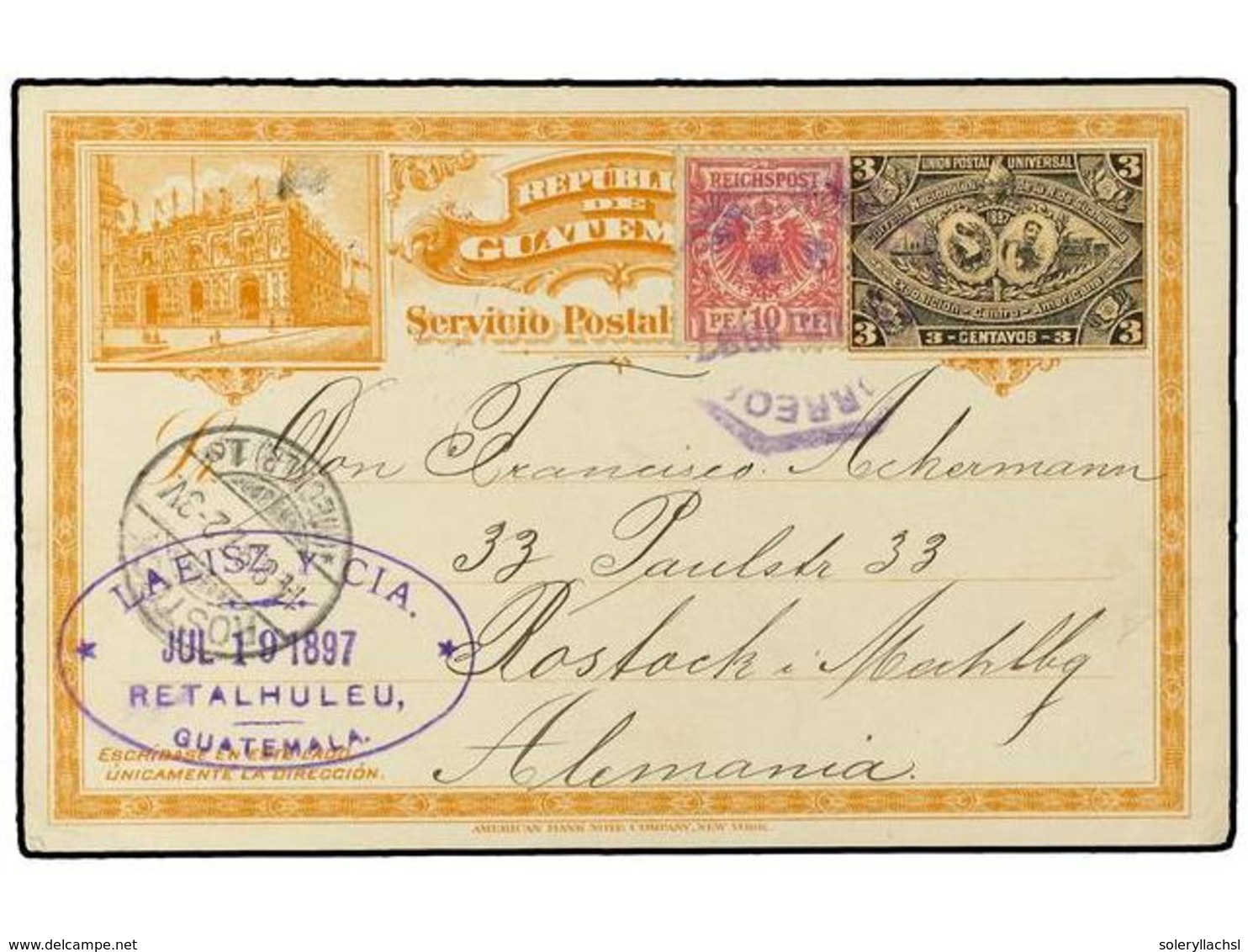 3376 GUATEMALA. 1897. RETALHULEU A ALEMANIA. Entero Postal De <B>3 Ctvos.</B> Con Sello Alemán De <B>10 Pf.</B> Carmín A - Sonstige & Ohne Zuordnung