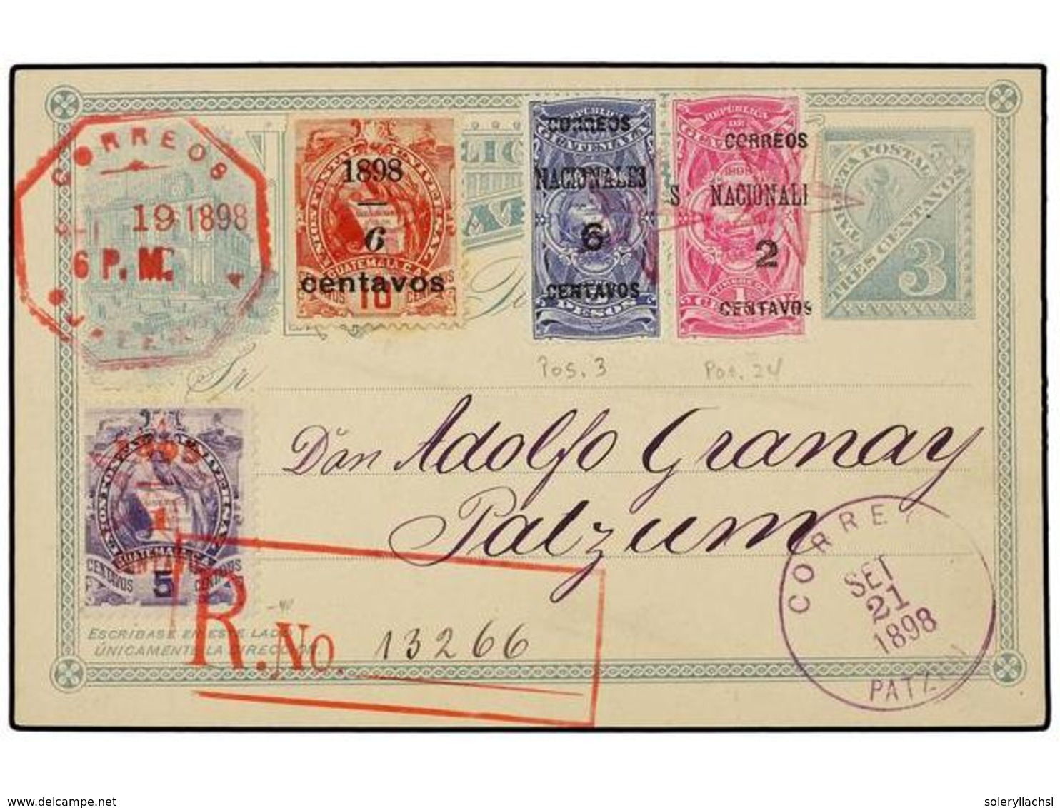 3379 GUATEMALA. Sc.57, 82, 87, 95. 1898. GUATEMALA A PATZUM. Entero Postal De <B>3 Ctvos.</B> Con Franqueo Adicional De  - Other & Unclassified