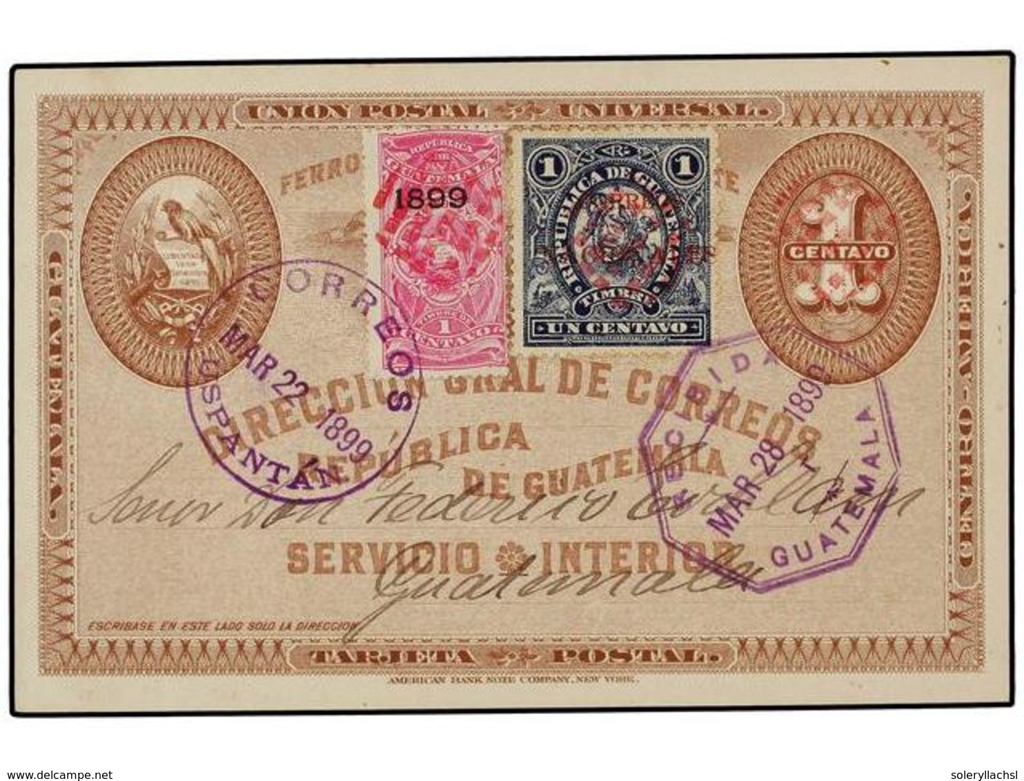 3385 GUATEMALA. Sc.88. 1899. USPANTAN A GUATEMALA. Entero Postal De <B>1 Ctvo.</B> Con Franqueo Adicional De <B>1 Cto. S - Other & Unclassified