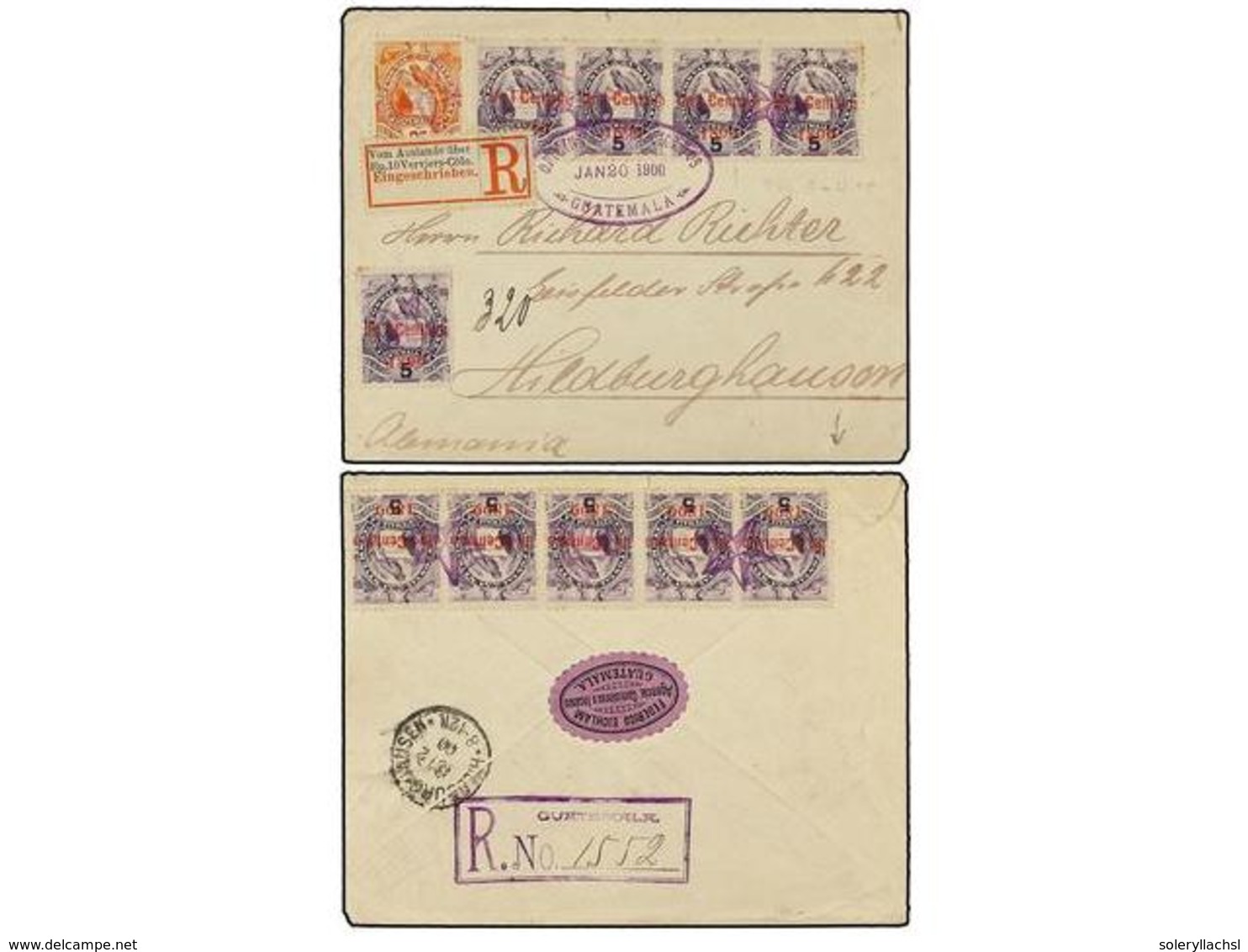 3388 GUATEMALA. Sc.97 (10), 50. 1900. GUATEMALA A ALEMANIA. <B>1 Ctvo. S. 5 Cts.</B> Lila (10) Y <B>25 Ctvos.</B> Naranj - Other & Unclassified