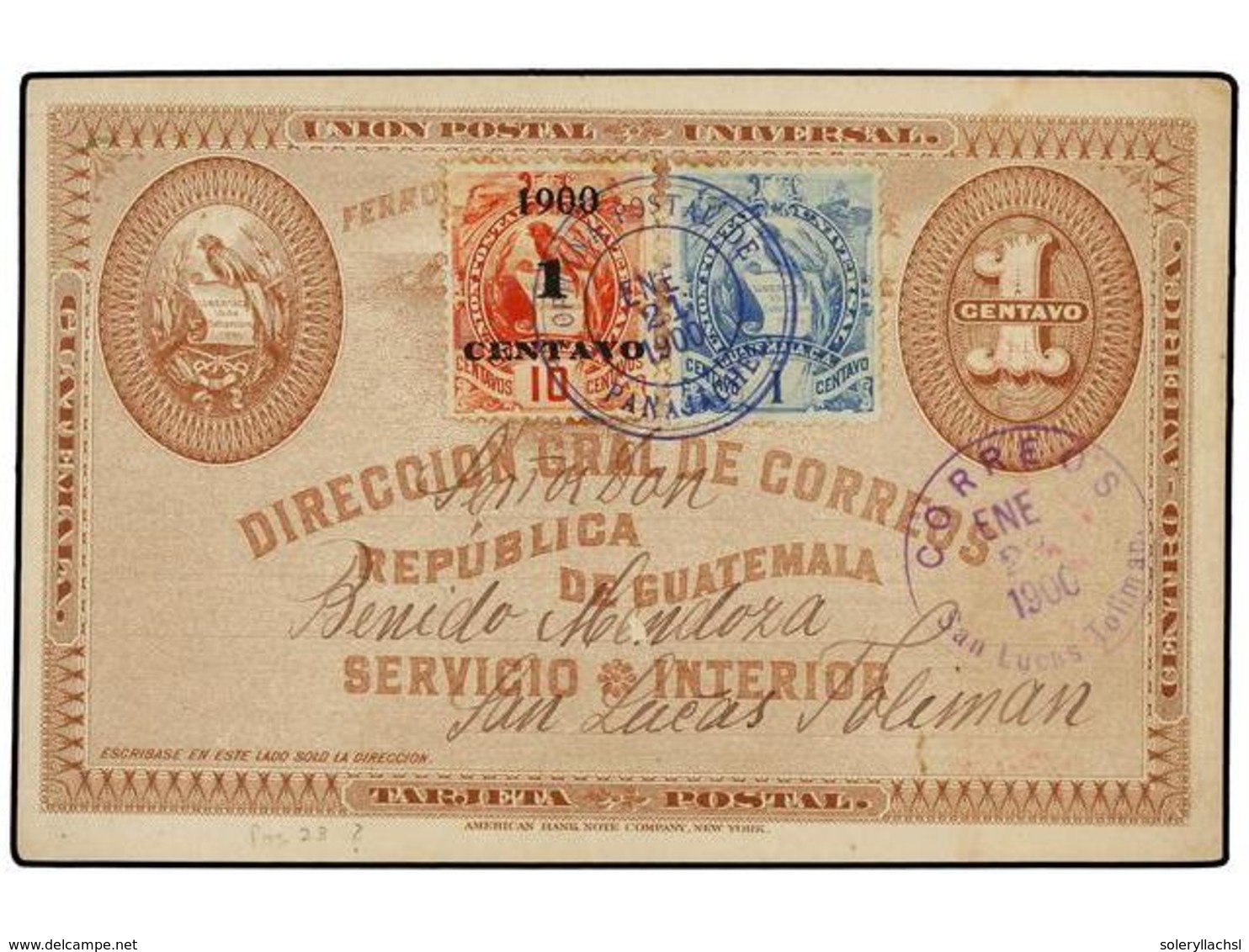 3392 GUATEMALA. Sc.98, 43. 1900. PANAJACHEL A S. LUCAS TOLIMAN. Entero Postal Con Franqueo Adicional De <B>1 Ctvo.</B> A - Sonstige & Ohne Zuordnung