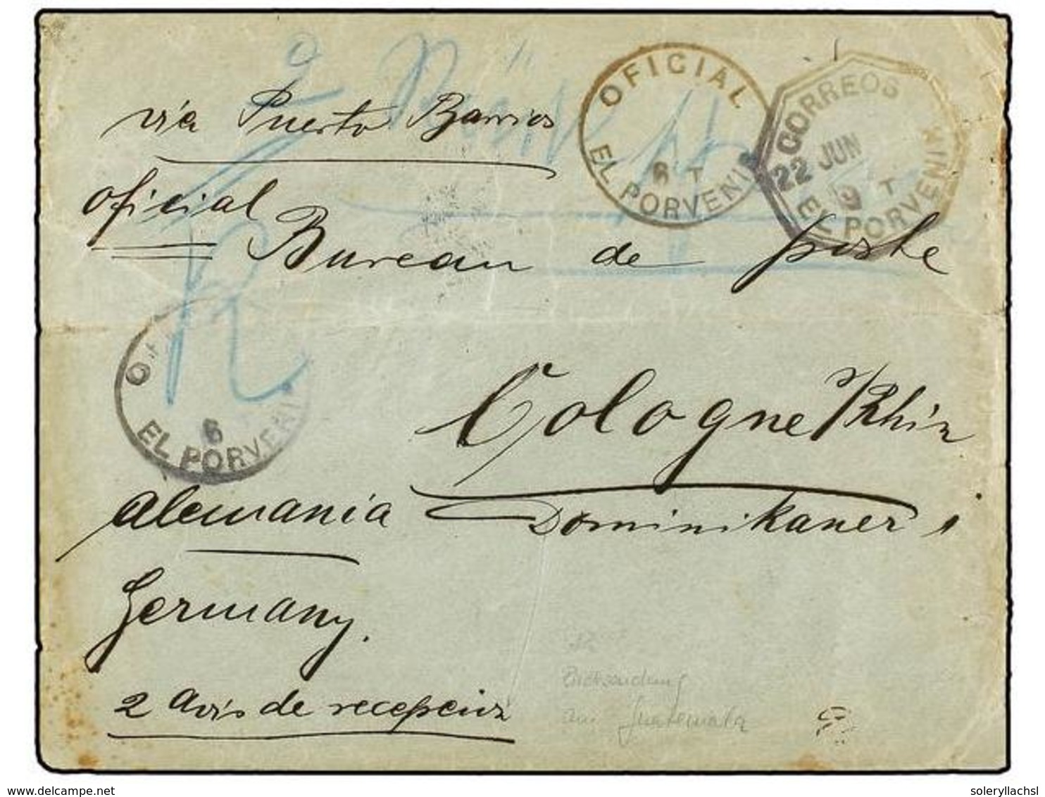 3394 GUATEMALA. 1900. EL PORVENIR A ALEMANIA. Sobre Del <B>SERVICIO OFICIAL</B> Circulado Sin Sellos, Marca Circular<B>  - Other & Unclassified