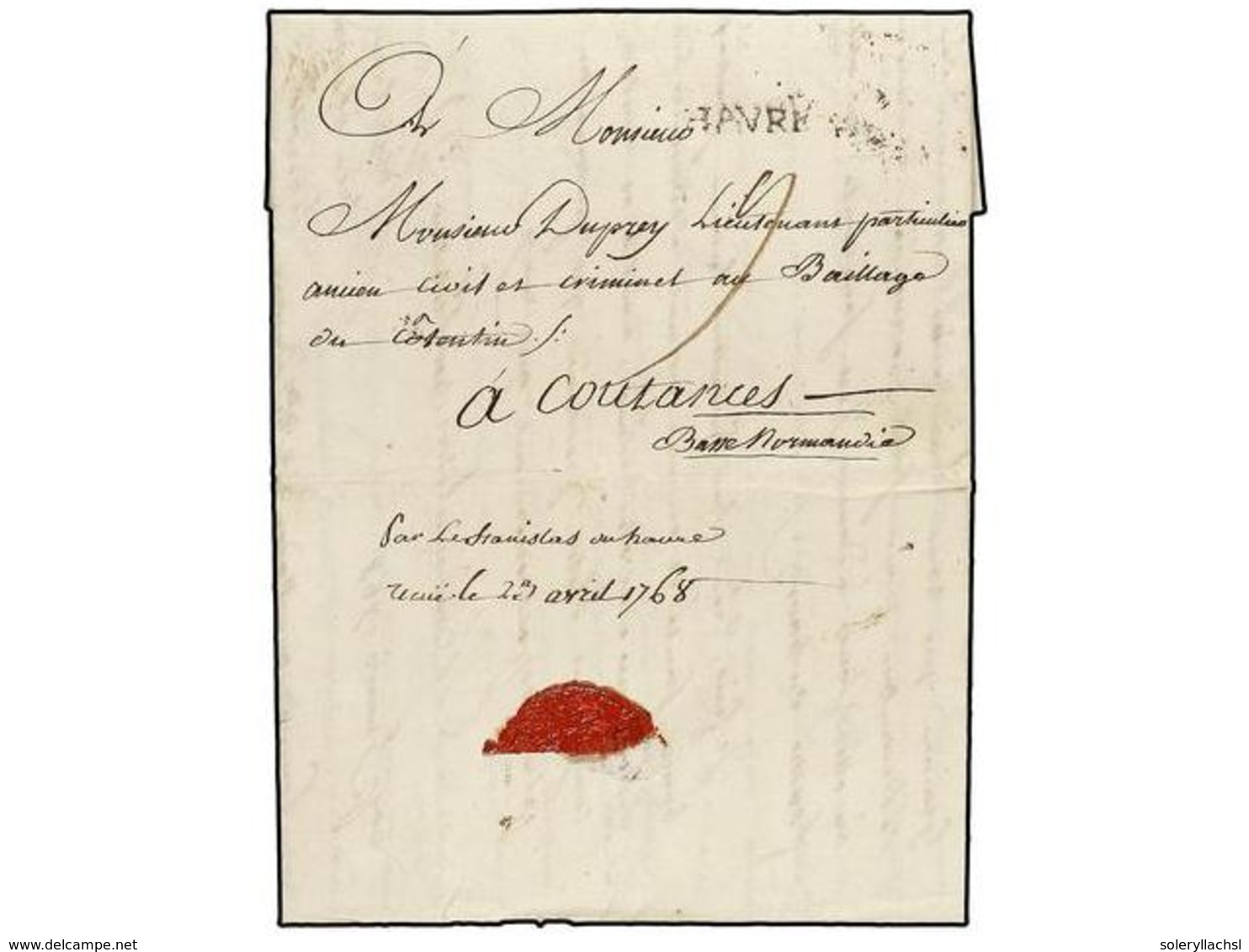 3408 HAITI. 1768. ST. MARC A COUTANCES. Encaminada Hasta Le Havre, Manuscrito 'Por Le Stanislas Au Havre' Y Depositada A - Sonstige & Ohne Zuordnung