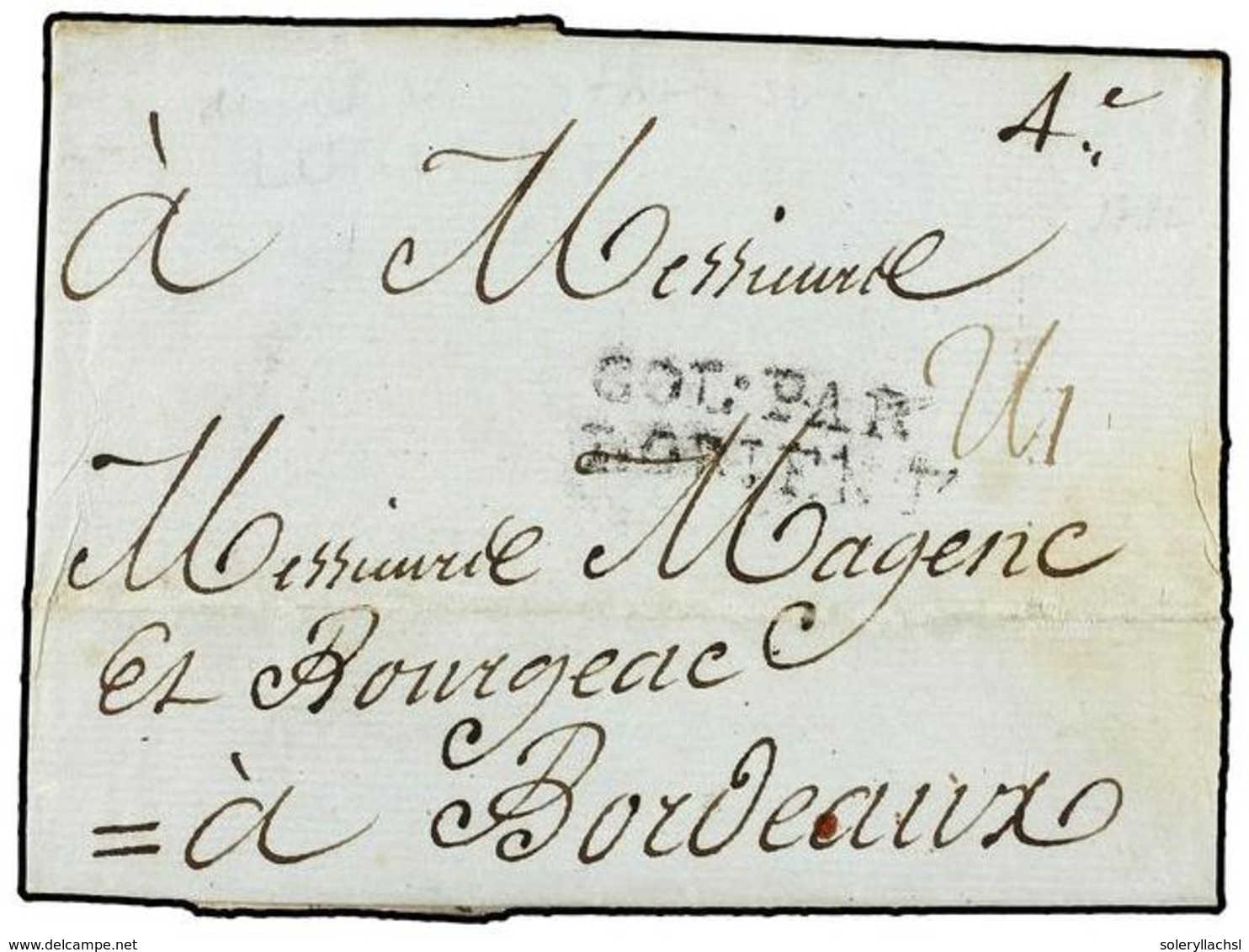 3412 HAITI. 1782 (14-Mayo). LE CAP A BORDEAUX. Marca De Entrada <B>COL. PAR/LORIENT</B> (Salles Nº7). - Sonstige & Ohne Zuordnung