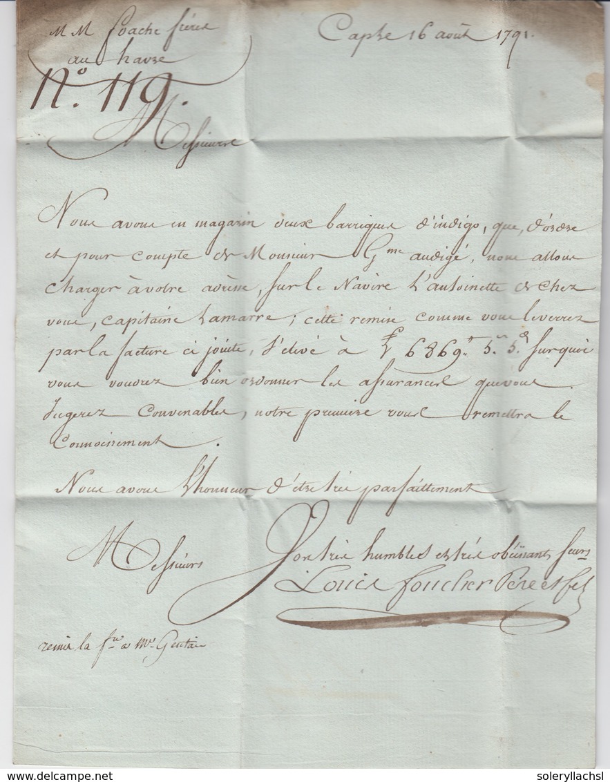 3422 HAITI. 1791 (16 Agosto). LE CAP A LE HAVRE. Marca De Entrada <B>32/COL-PAR BORDEAUX</B>. Carta Tasada Con '16' Sous - Other & Unclassified