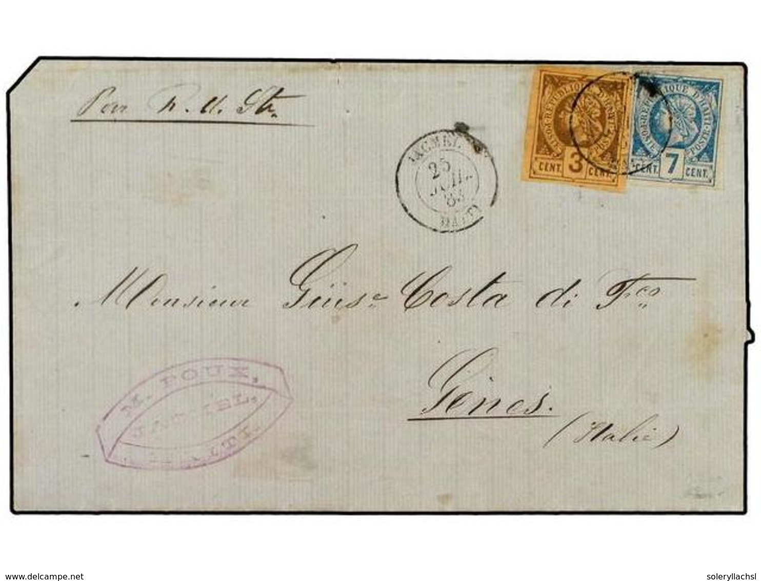 3424 HAITI. 1883. JACMEL A GENOVA (Italia). <B>3 Cent.</B> Oliva Y <B>7 Cent.</B> Azul. (Sc. 2,5). MAGNIFICA. - Other & Unclassified