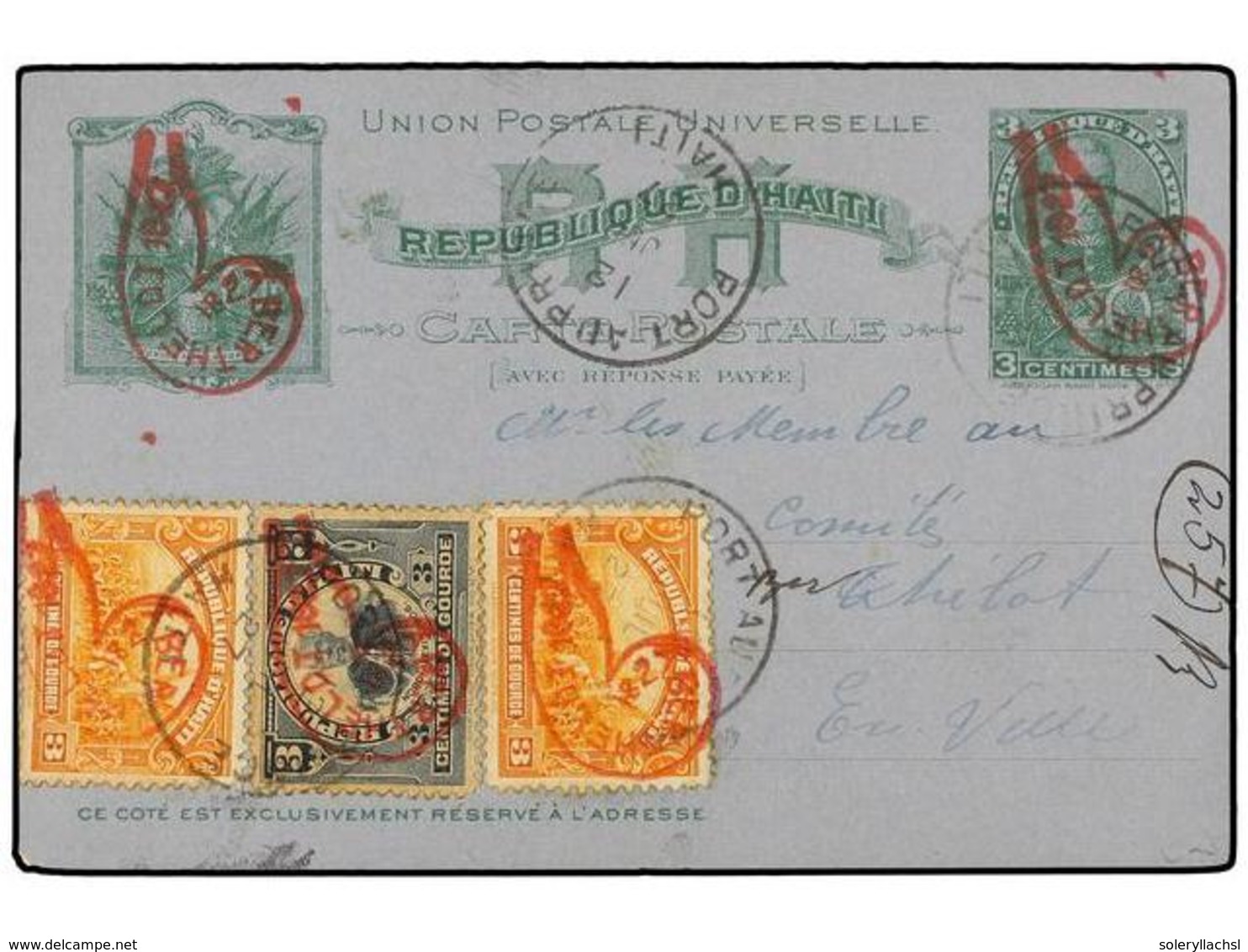 3432 HAITI. 1927. <B>PORT AU PRINCE. 3 Cts.</B> Green Postal Stationary Card Uprated With Three <B>3 Gr.</B> Stamps All  - Other & Unclassified