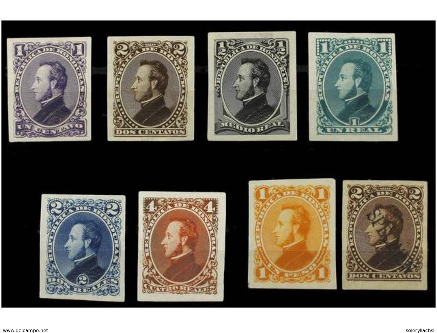 3434 (*) HONDURAS. Sc.30/36. 1878. <B>ENSAYOS DE COLOR</B>. Serie Completa Sin Dentar Sobre Papel Delgado, Más El 2 Ctvo - Sonstige & Ohne Zuordnung