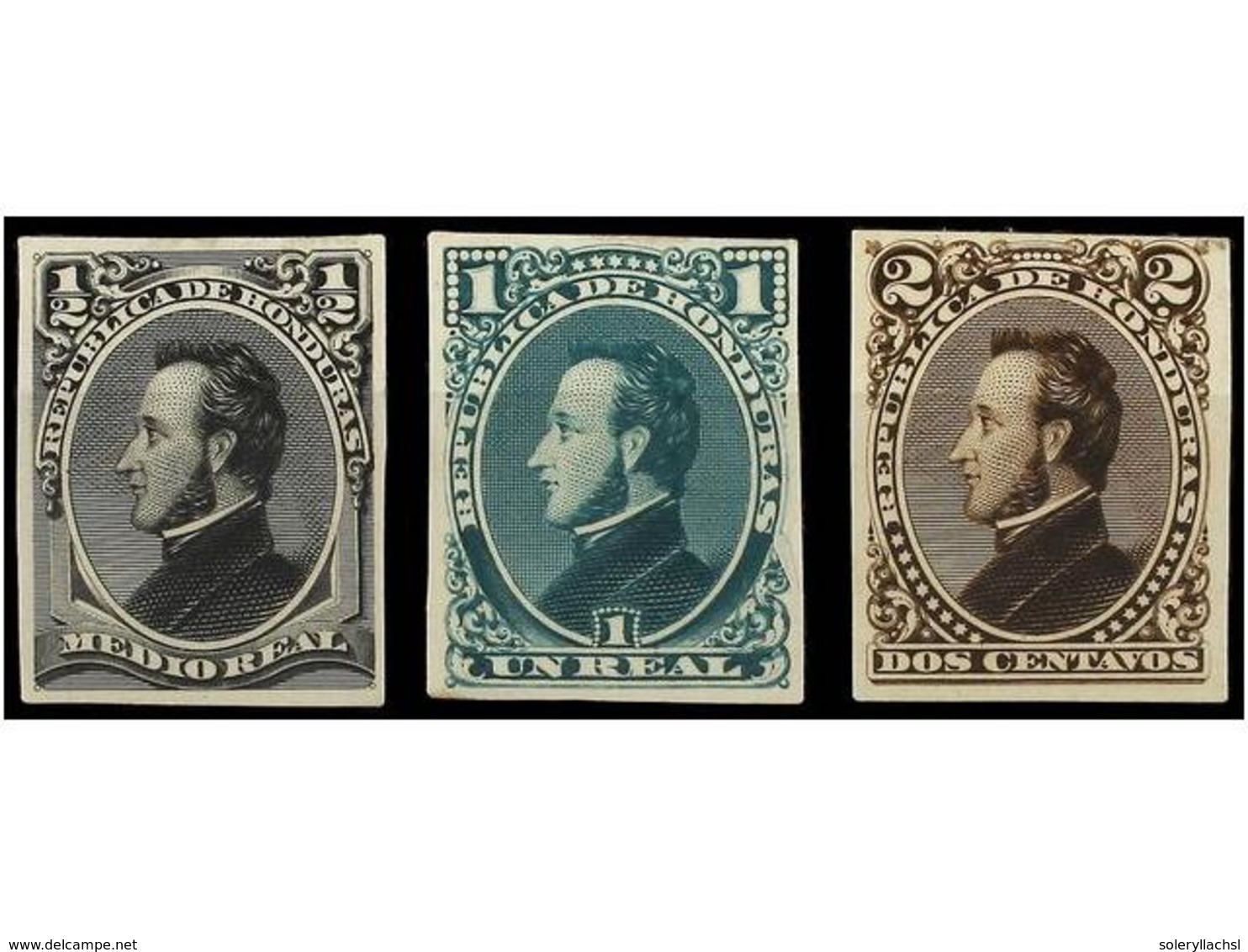 3435 HONDURAS. Sc.31, 32, 33. 1878. <B>2 Ctvos.</B> Castaño, <B>1/2 Real</B> Negro Y <B>1 Real</B> Verde. <B>PRUEBAS DE  - Other & Unclassified