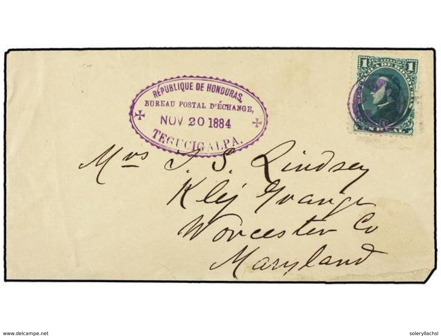 3436 HONDURAS. 1884 (20 Nov.). TEGUCIGALPA A USA. <B>1 Real</B> Verde. Mat. <B>estrella En Un Círculo</B> Y Fechador Ova - Other & Unclassified