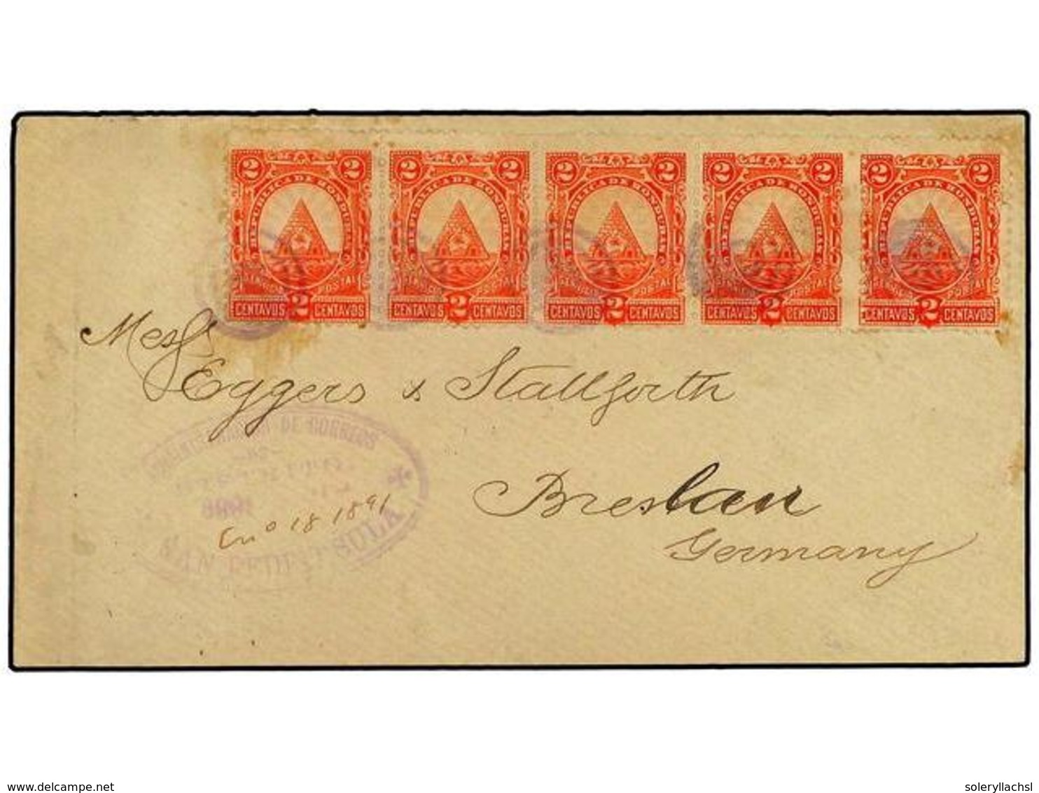 3438 HONDURAS. 1891. Cover To BRESLAU In Germay With Strip <B>x5 1890 2 C. </B> Seebeck Issues Tied By Targets With <B>S - Sonstige & Ohne Zuordnung