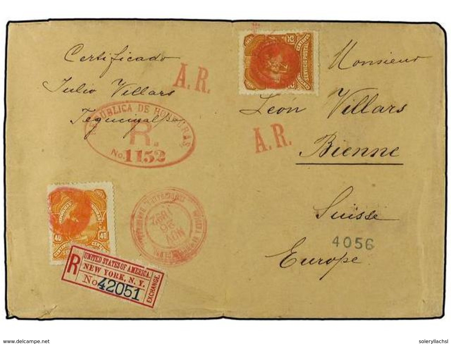 3440 HONDURAS. Sc.70,72. 1892. TEGUCIGALPA A SUIZA. <B>25 Cts.</B> Bistre Y <B>40 Cts.</B> Naranja. Carta Certificada. R - Sonstige & Ohne Zuordnung