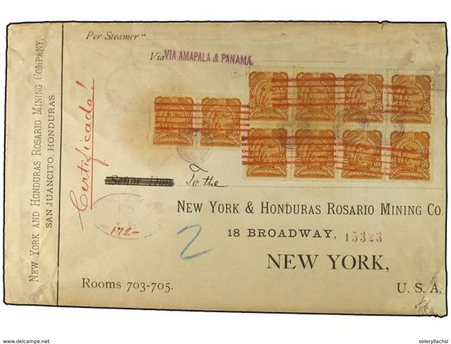 3441 HONDURAS. Sc.70(10). 1892. SAN JUANCITO A NEW YORK. Sobre Certificado Con Franqueo De 10 Sellos De <B>25 Ctvos.</B> - Other & Unclassified