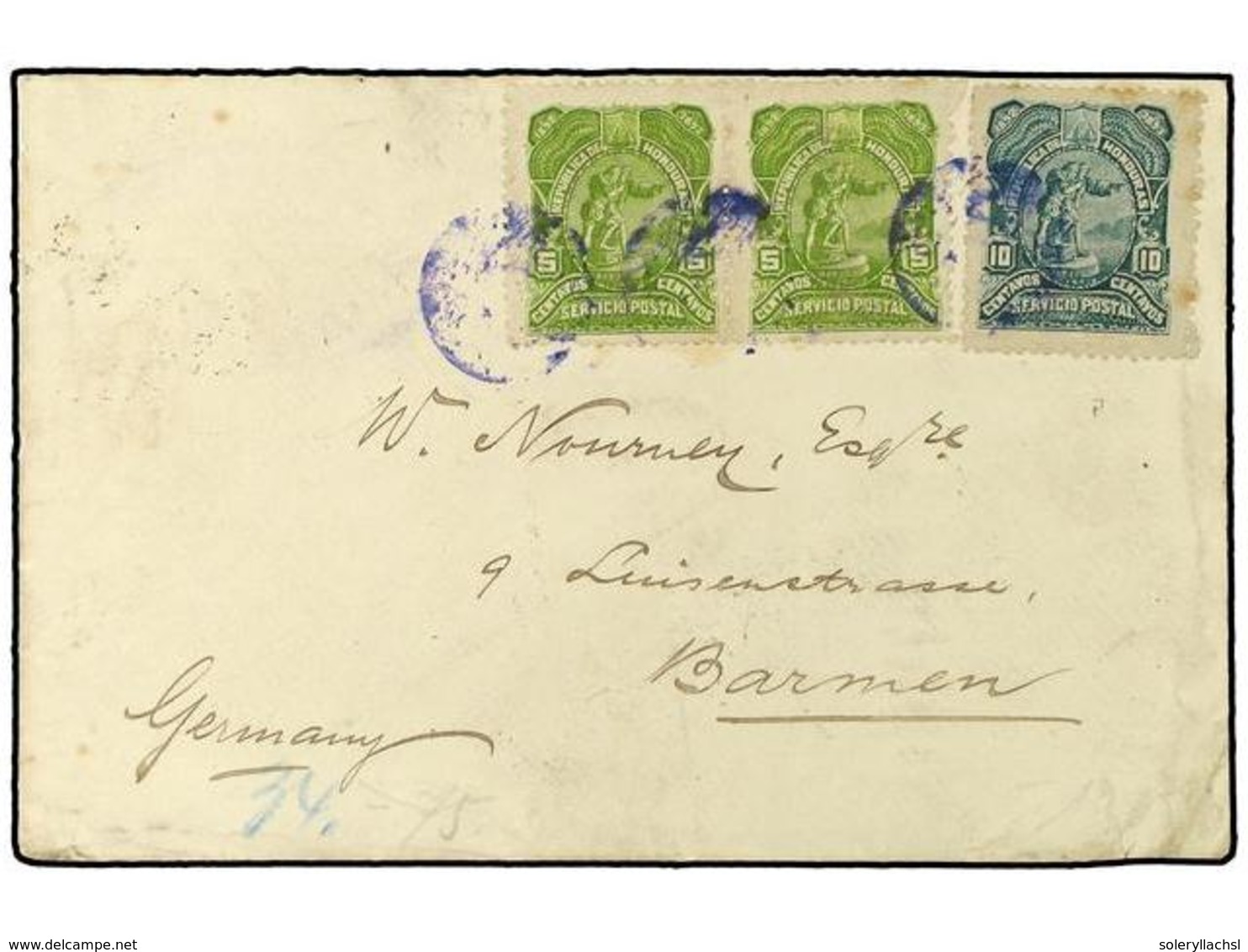 3443 HONDURAS. Sc.67(2),68. 1893. Circulada A ALEMANIA. <B>10 Cts.</B> Verde Y <B>5 Cts.</B> Verde Amarillo (2). Al Dors - Sonstige & Ohne Zuordnung