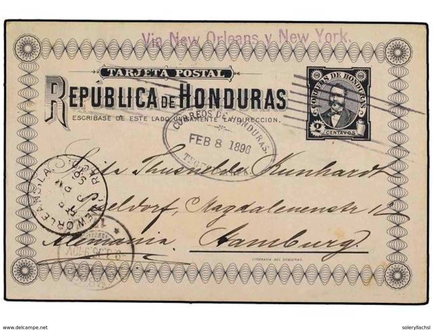 3444 HONDURAS. 1896. TEGUCIGALPA A ALEMANIA. Entero Postal De <B>2 Ctvos.</B> Azul, Llegada En Anverso. - Sonstige & Ohne Zuordnung