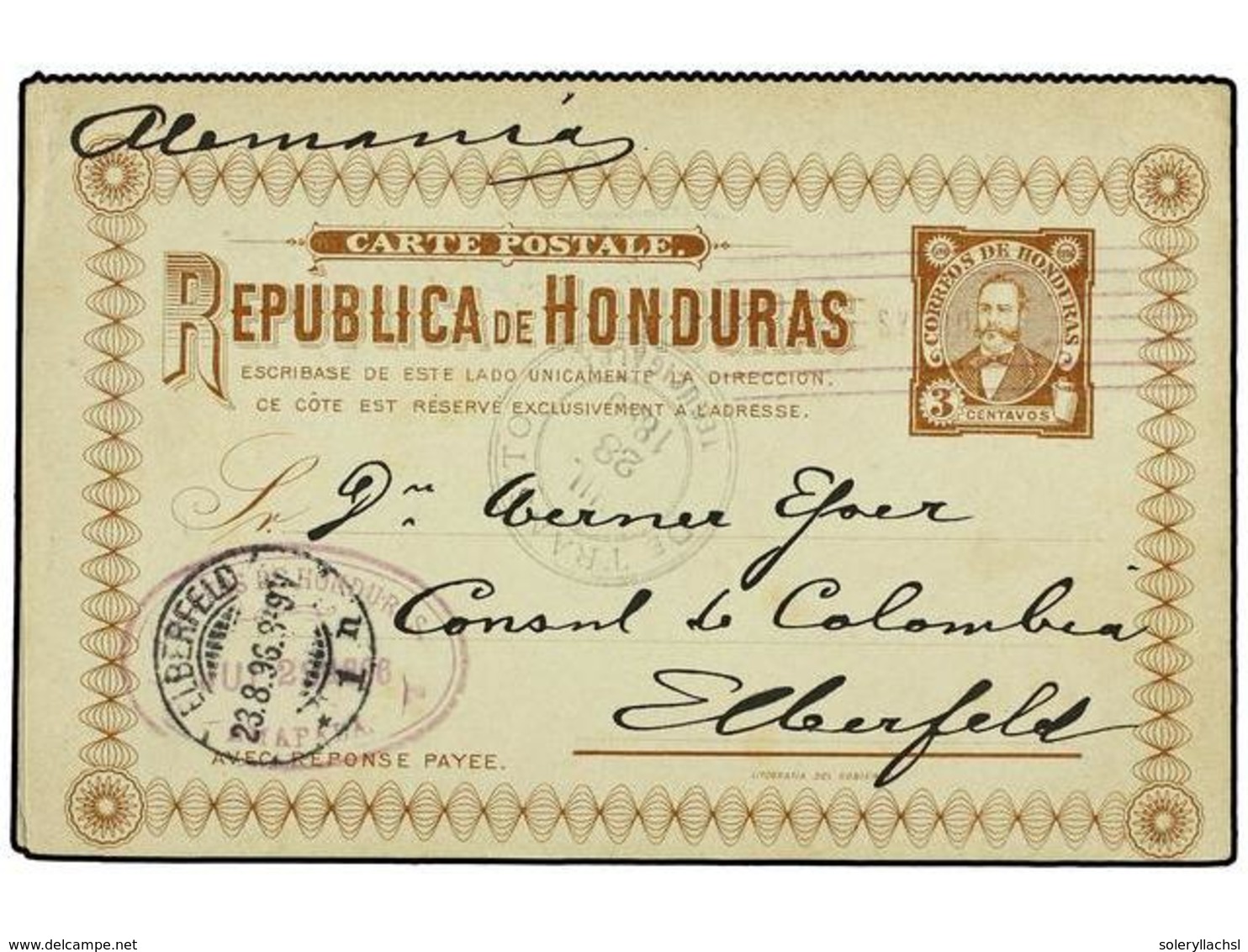 3445 HONDURAS. 1896. AMAPALA A ALEMANIA. Entero Postal Doble De <B>3 + 3 Ctvos.</B> Castaño Amarillo, Llegada En Anverso - Sonstige & Ohne Zuordnung