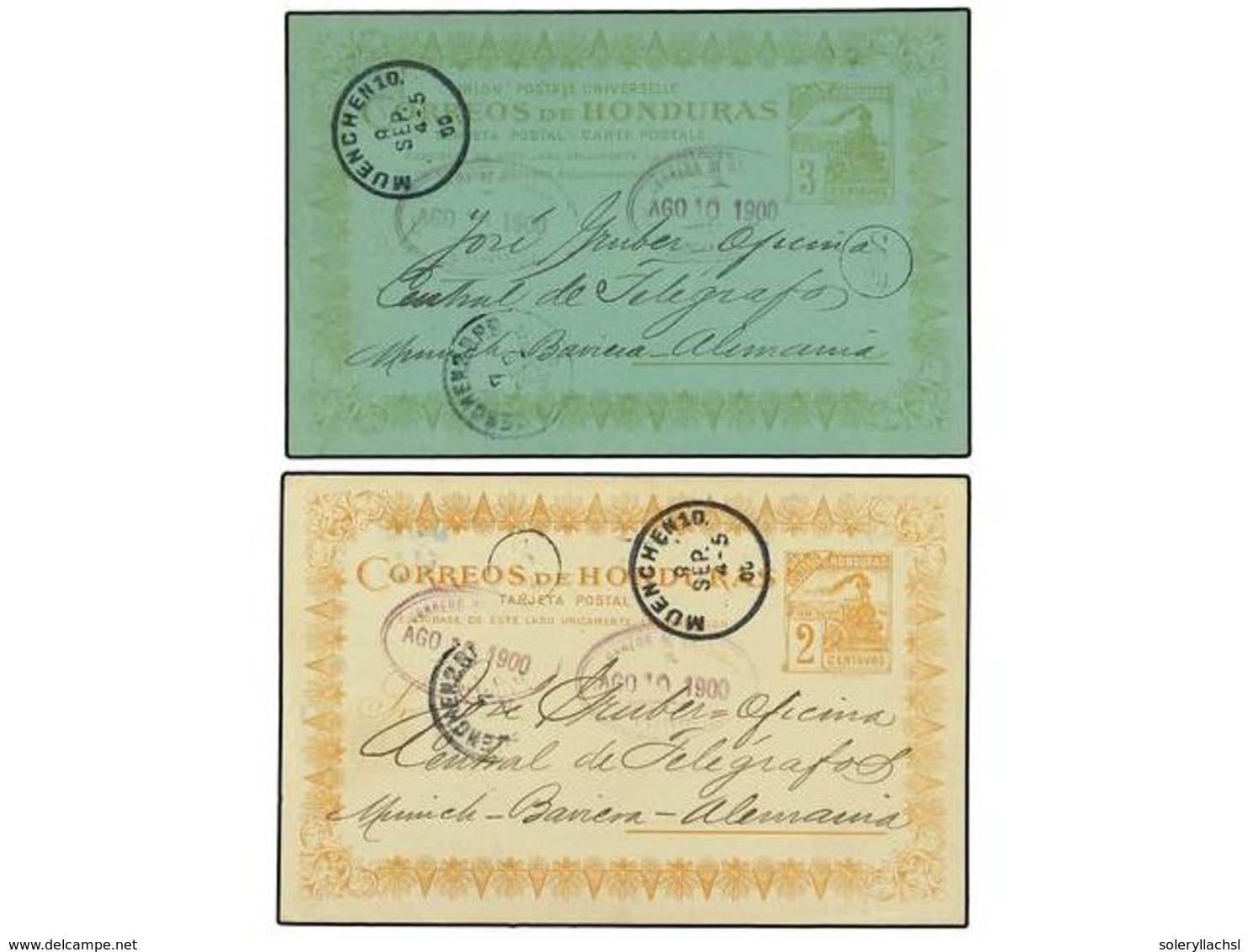 3447 HONDURAS. 1900. Enteros Postales De <B>2 Ctvos.</B> Naranja Y <B>3 Ctvos.</B> Verde S. Verde Azul Circulados A ALEM - Sonstige & Ohne Zuordnung