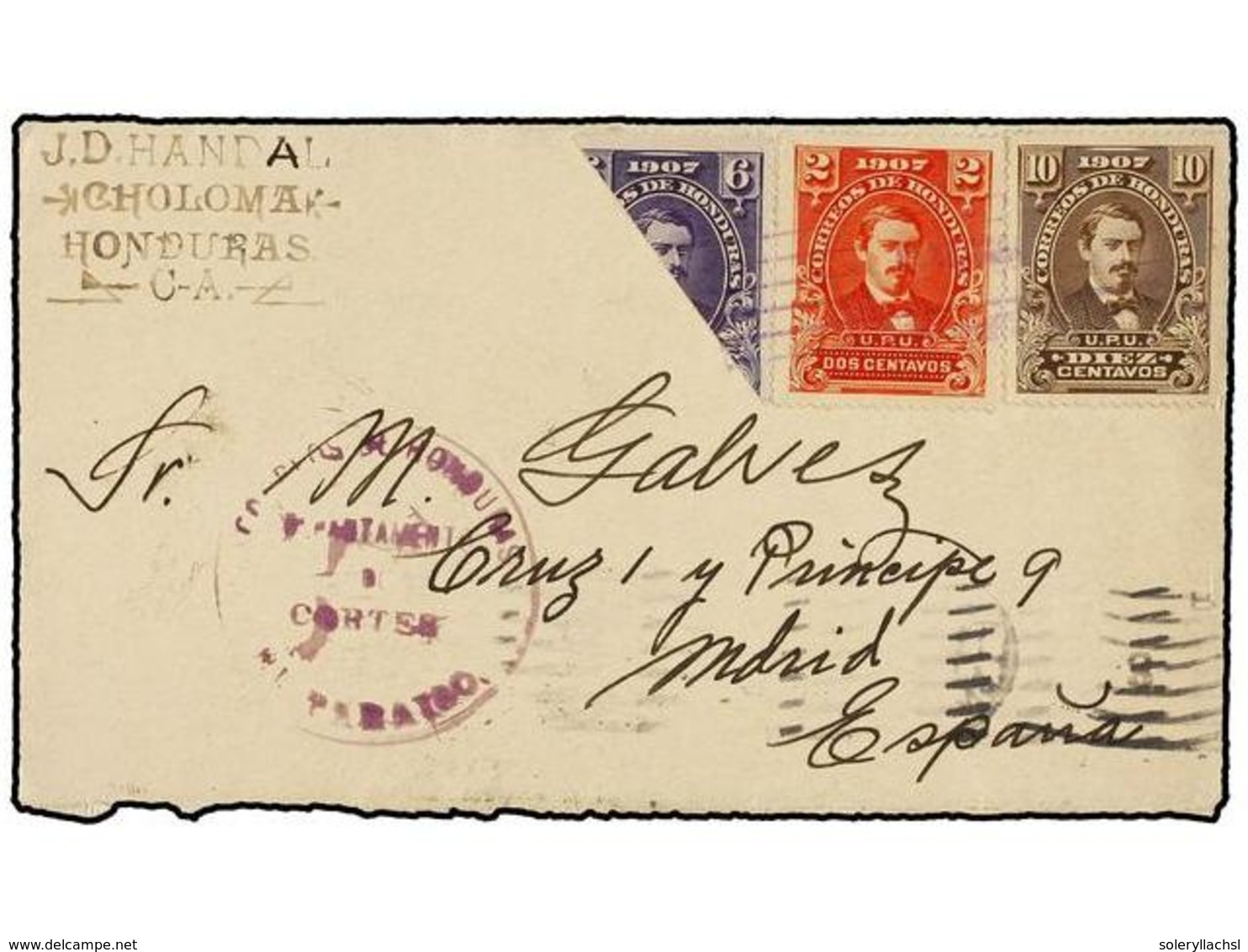 3448 HONDURAS. Sc.120, 122, 123. 1910. HONDURAS A ESPAÑA. <B>2 Ctvos.</B> Naranja, <B>10 Ctvos.</B> Castaño Y <B>6 Ctvos - Andere & Zonder Classificatie