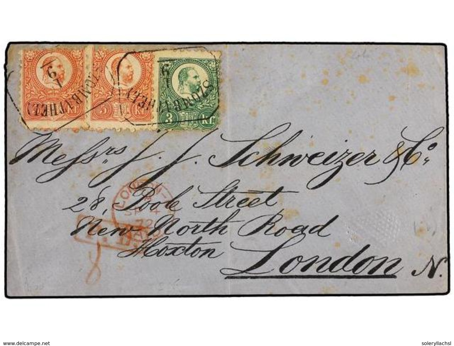 3450 HUNGRIA. Mi.9, 10. 1871. Engraved <B>3kr.</B> Green And <B>5kr.</B> Rose-red (2) Used On 1872 Cover To LONDON Tied  - Sonstige & Ohne Zuordnung