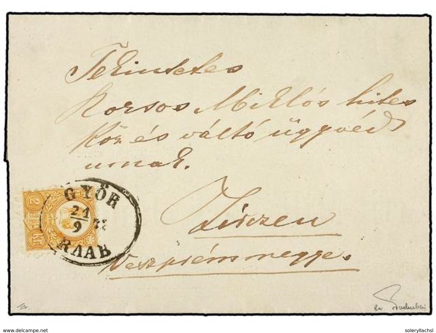 3454 HUNGRIA. Mi. 8. 1872. GYÖR RAAB To FIREZEN. <B>2 Kr.</B> Yellow On Printed Matter Rate (death Notice). Very Fine. - Other & Unclassified