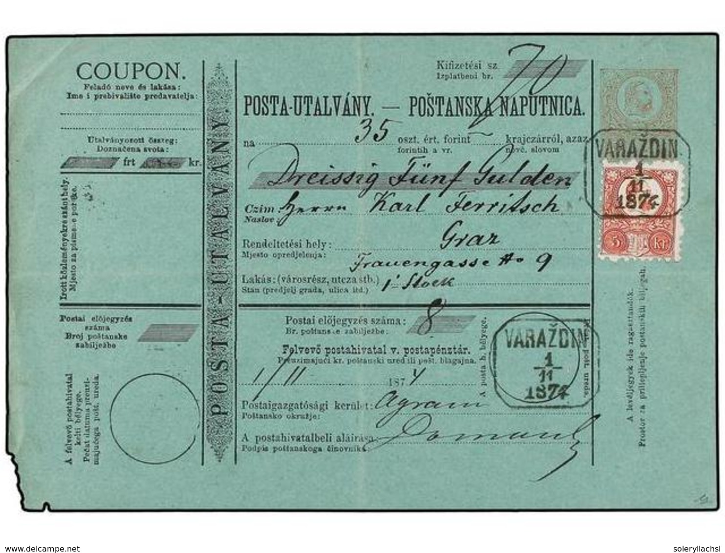 3459 HUNGRIA. Mi.10. 1874. VARAZODIN To GRAZ. Postal Receipt Of <B>5 Kr.</B> Red Uprated With <B>5 Kr.</B> Red Stamp. - Otros & Sin Clasificación