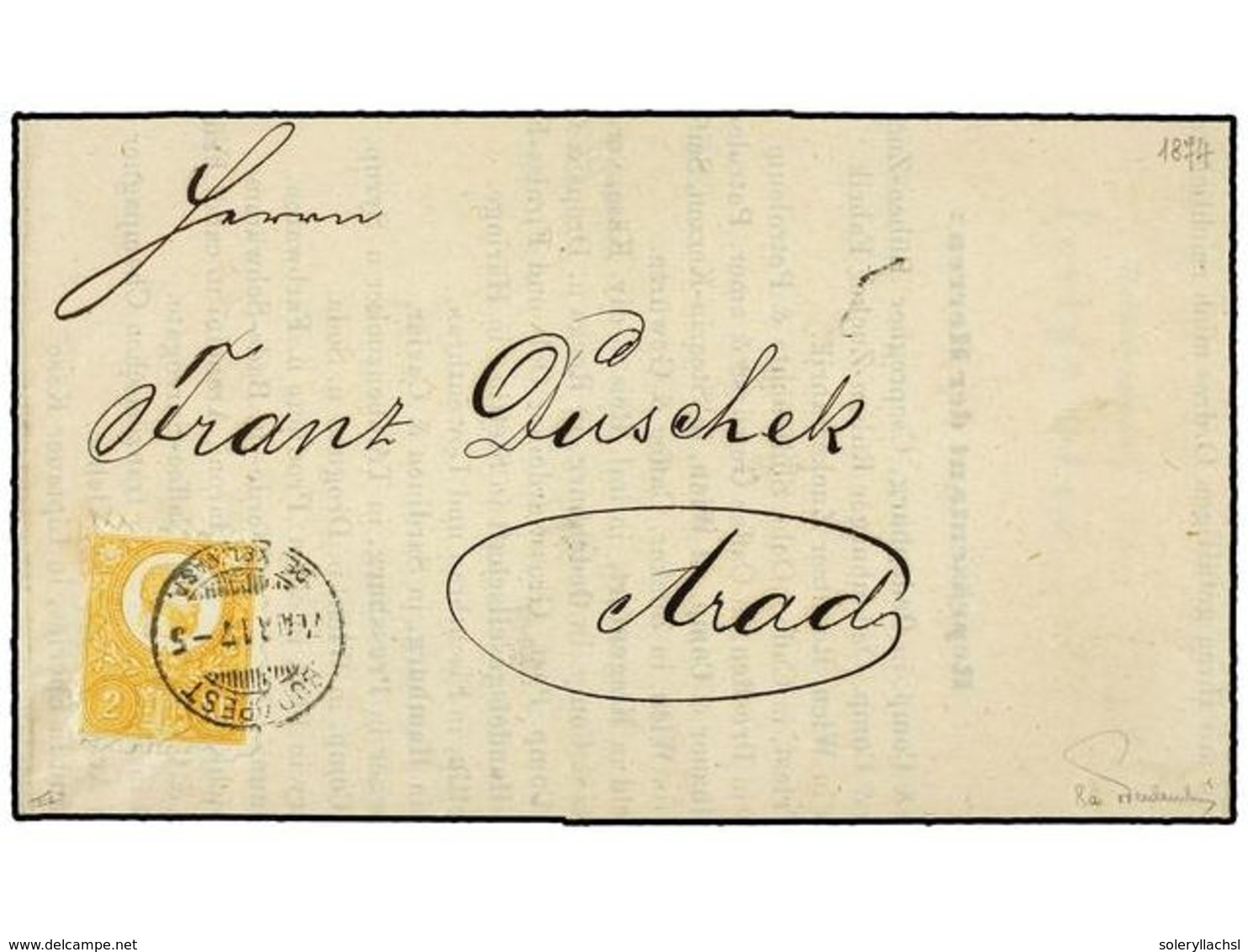 3461 HUNGRIA. Mi.8. 1874. BUDAPEST To ARAD. <B>2 Kr.</B> Yellow. Printed Matter Rate. Very Fine. Cert. F. ORBAN. - Other & Unclassified