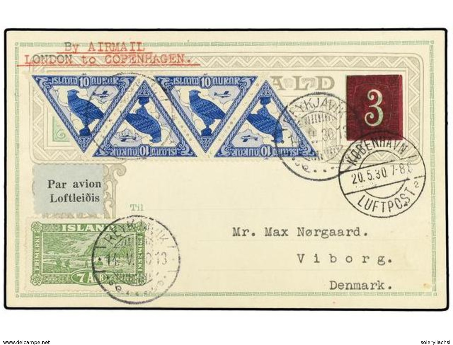 3476 ISLANDIA. 1930 (May 14). <B>3a</B>. Dark Red On <B>5a</B> Green Stationery Card (H&G 33) Used To Viborg, Denmark An - Sonstige & Ohne Zuordnung