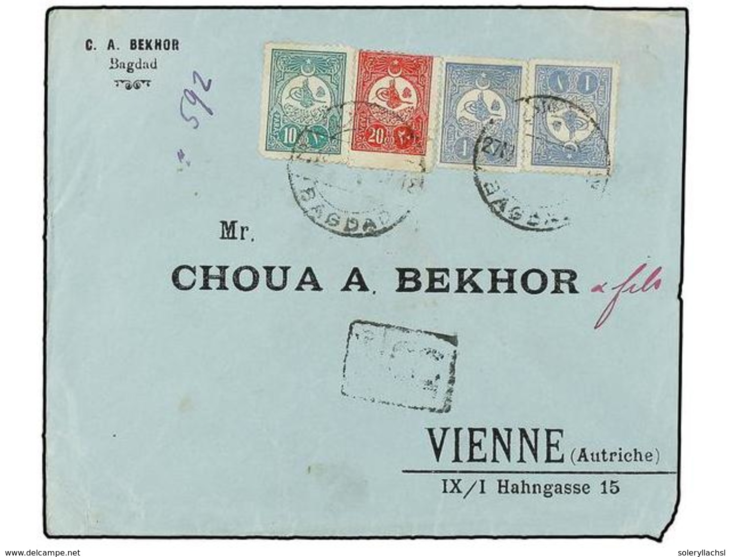 3479 IRAK. (1910 CA.). BAGDAD To AUSTRIA. Envelope Franked With <B>10 Pa.</B> Green, <B>20 Pa.</B> Red And <B>1 Pi.</B>  - Other & Unclassified