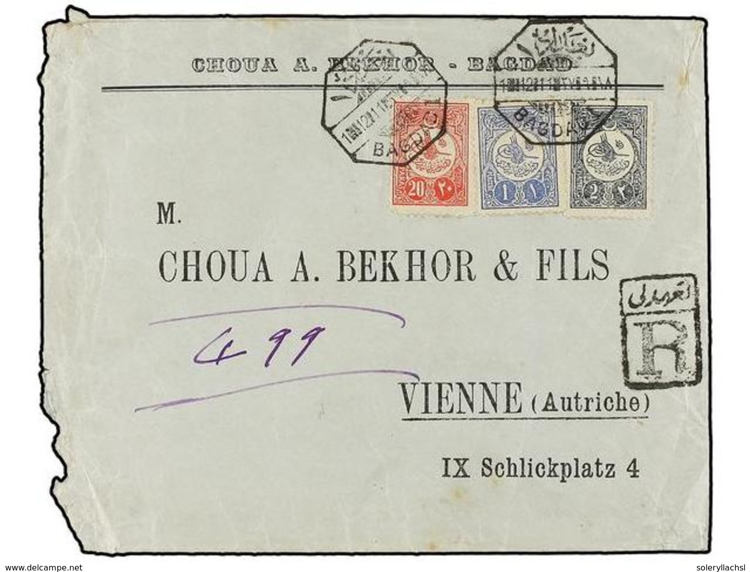 3484 IRAK. 1911. BAGDAD To AUSTRIA. Envelope Franked With <B>20 Pa.</B> Rose, <B>1 Pi.</B> Blue And <B>2 Pi.</B> Grey Tu - Other & Unclassified