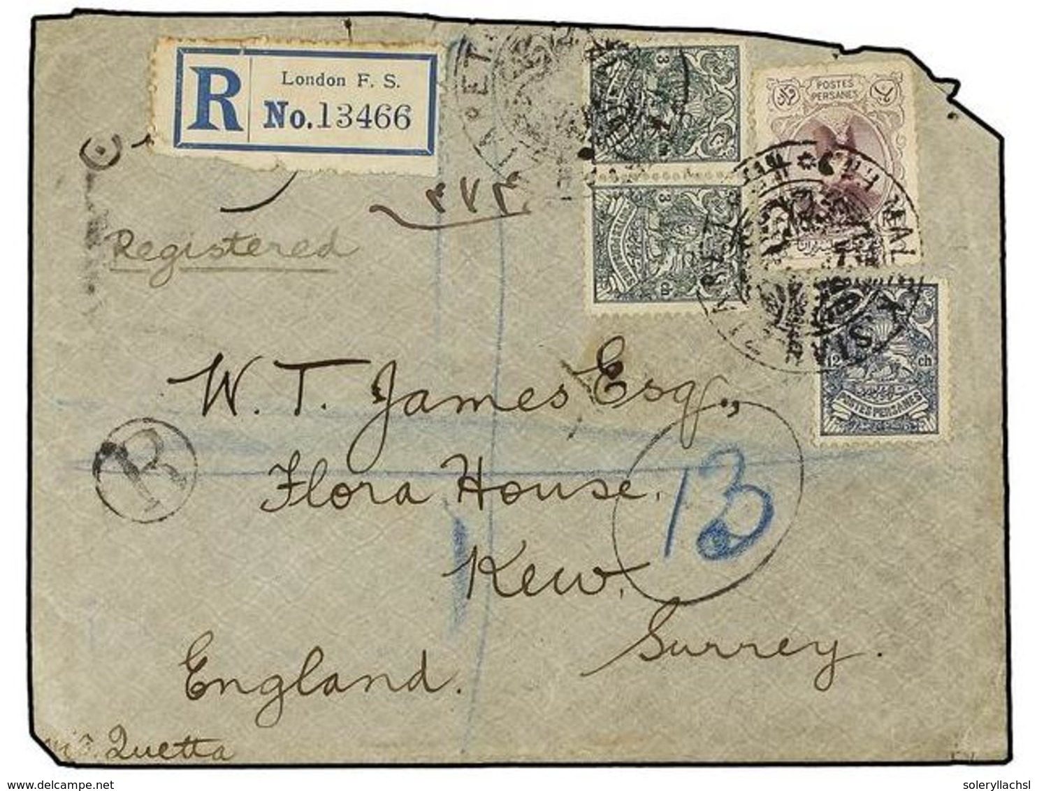 3496 IRAN. Mi.187, 190, 191. (1903 Ca.). Cover To GREAT BRITAIN With <B>3 Ch. </B>(2),<B> 12 Ch.</B>, And <B>1 Kr. </B>s - Other & Unclassified